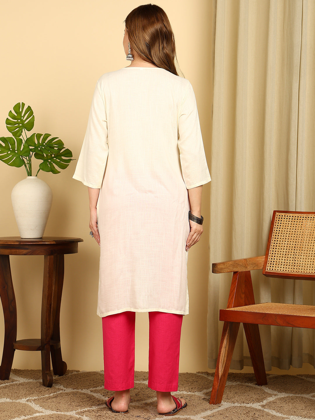 Off White Solid Cotton Blend Straight Kurta