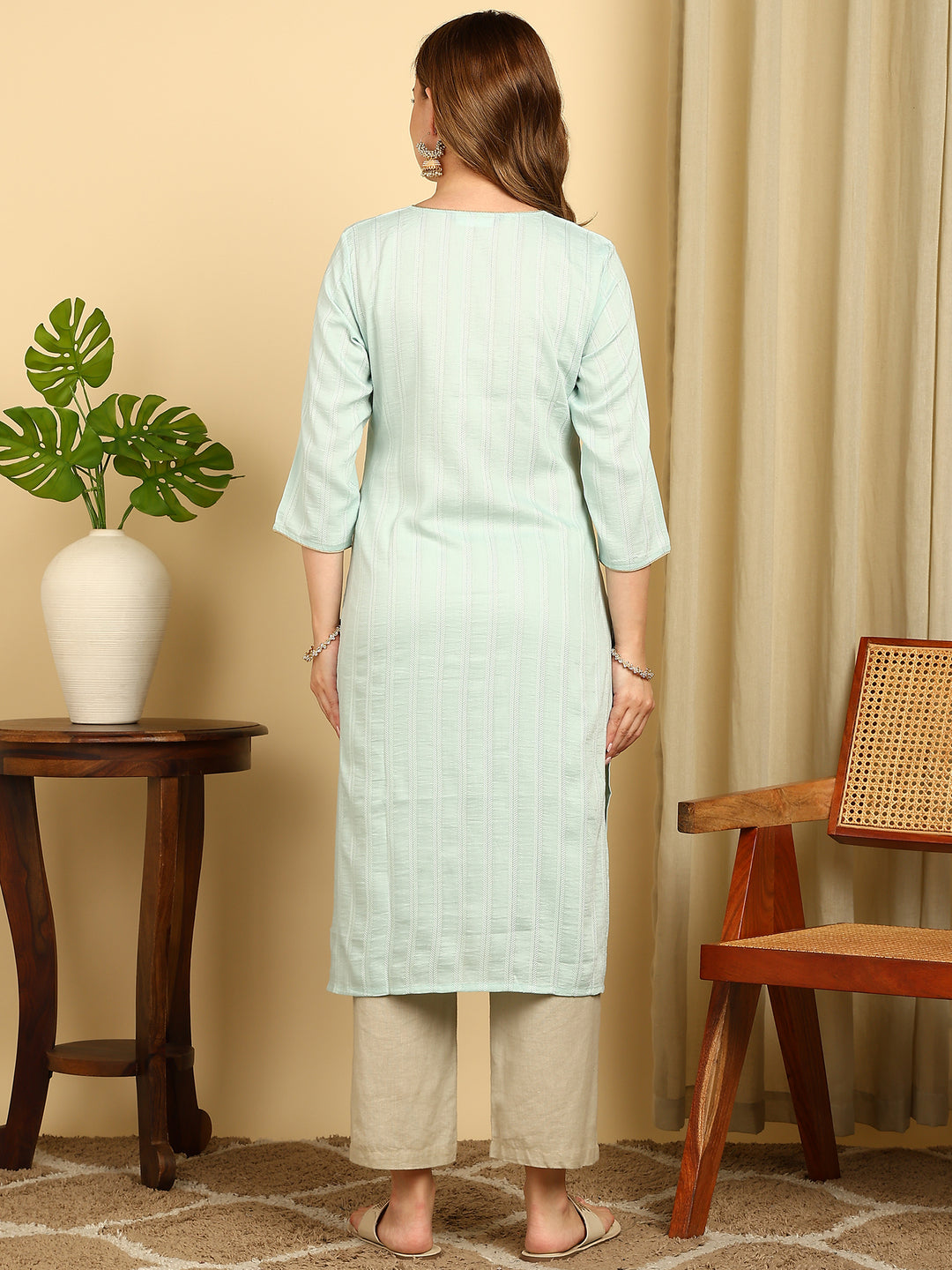 Embroidered Aqua PolySilk Straight Kurta