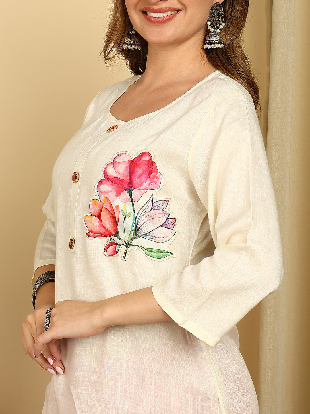 Off White Solid Cotton Blend Straight Kurta