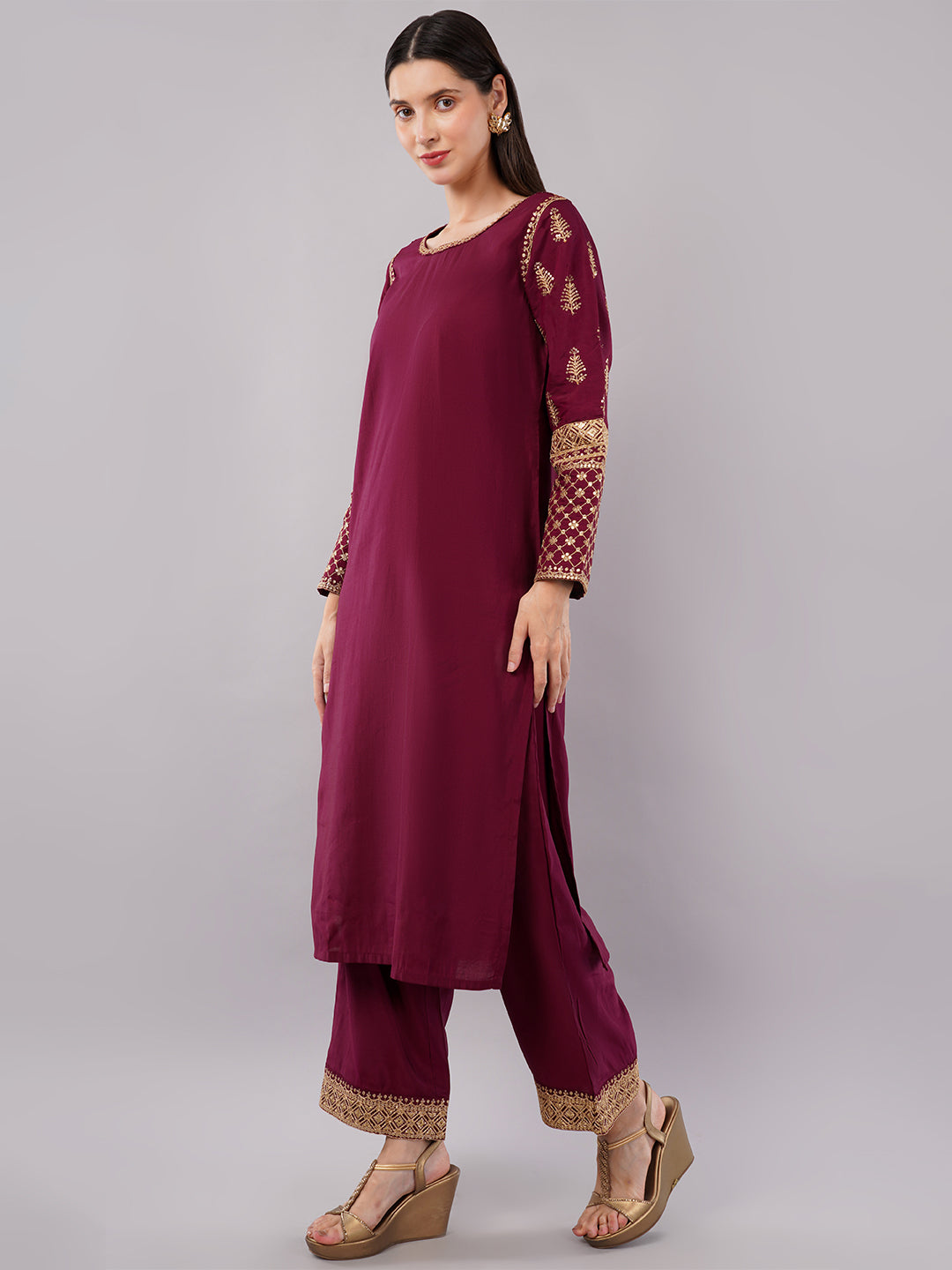dhartii Modern Festive Dark Plum Embroidered Suit Set with Sheer Dupatta and Embroidered Palazzo (3 Piece Set)