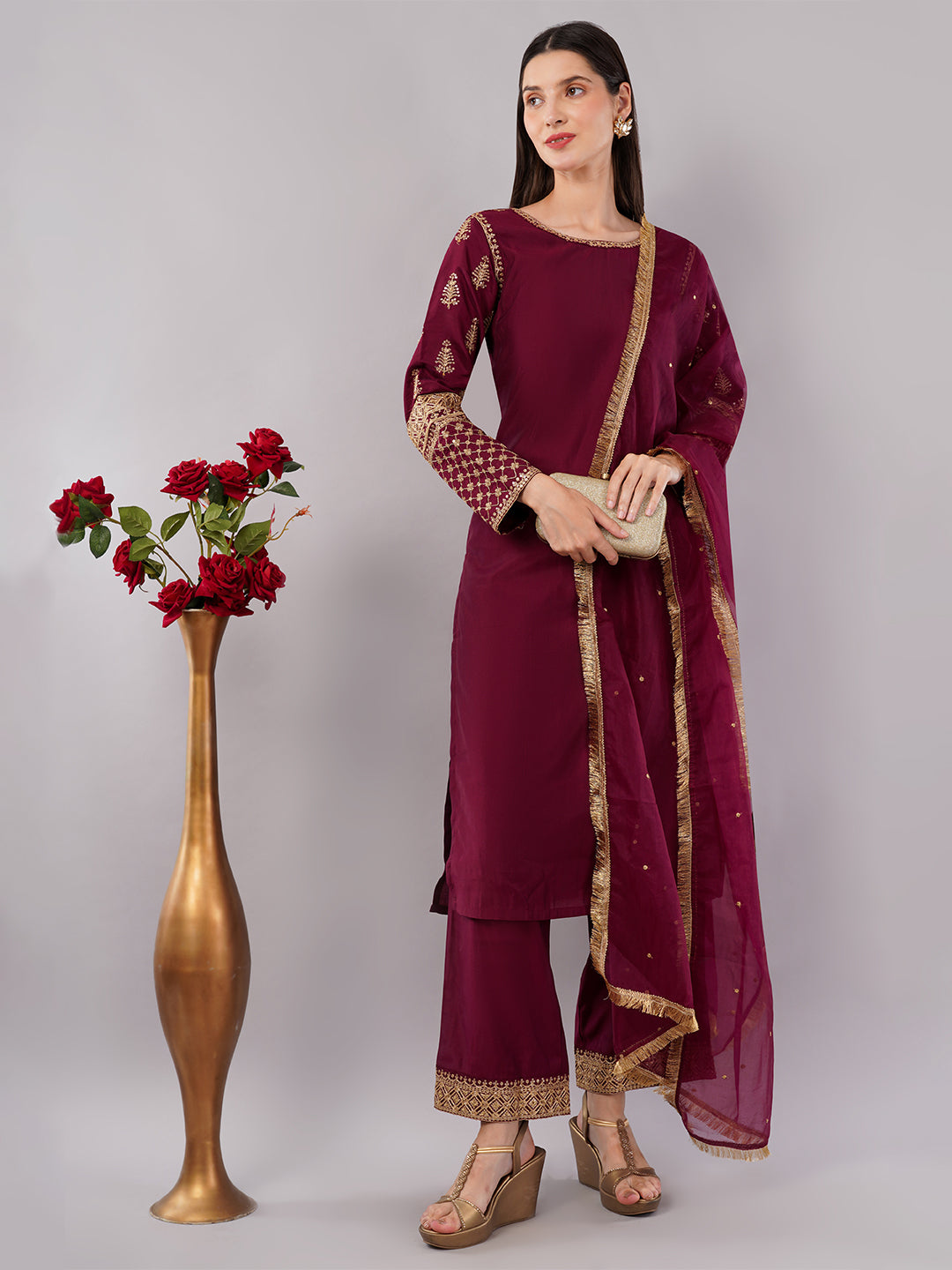 dhartii Modern Festive Dark Plum Embroidered Suit Set with Sheer Dupatta and Embroidered Palazzo (3 Piece Set)