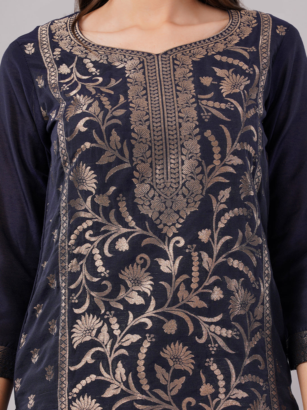 dhartii New Age Navy Blue Royal Brocade Suit Set with Dupatta and Pants (3 Piece Set)