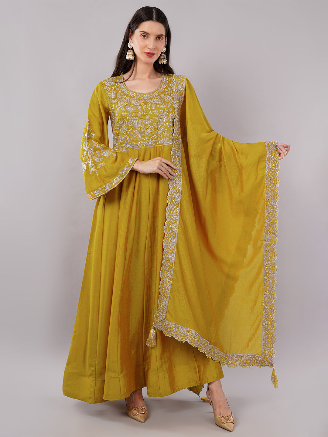 dhartii Opulent Yellow Intricate Embroidered Floor Length Anarkali Set with Scallopped Dupatta (2 Piece Set)