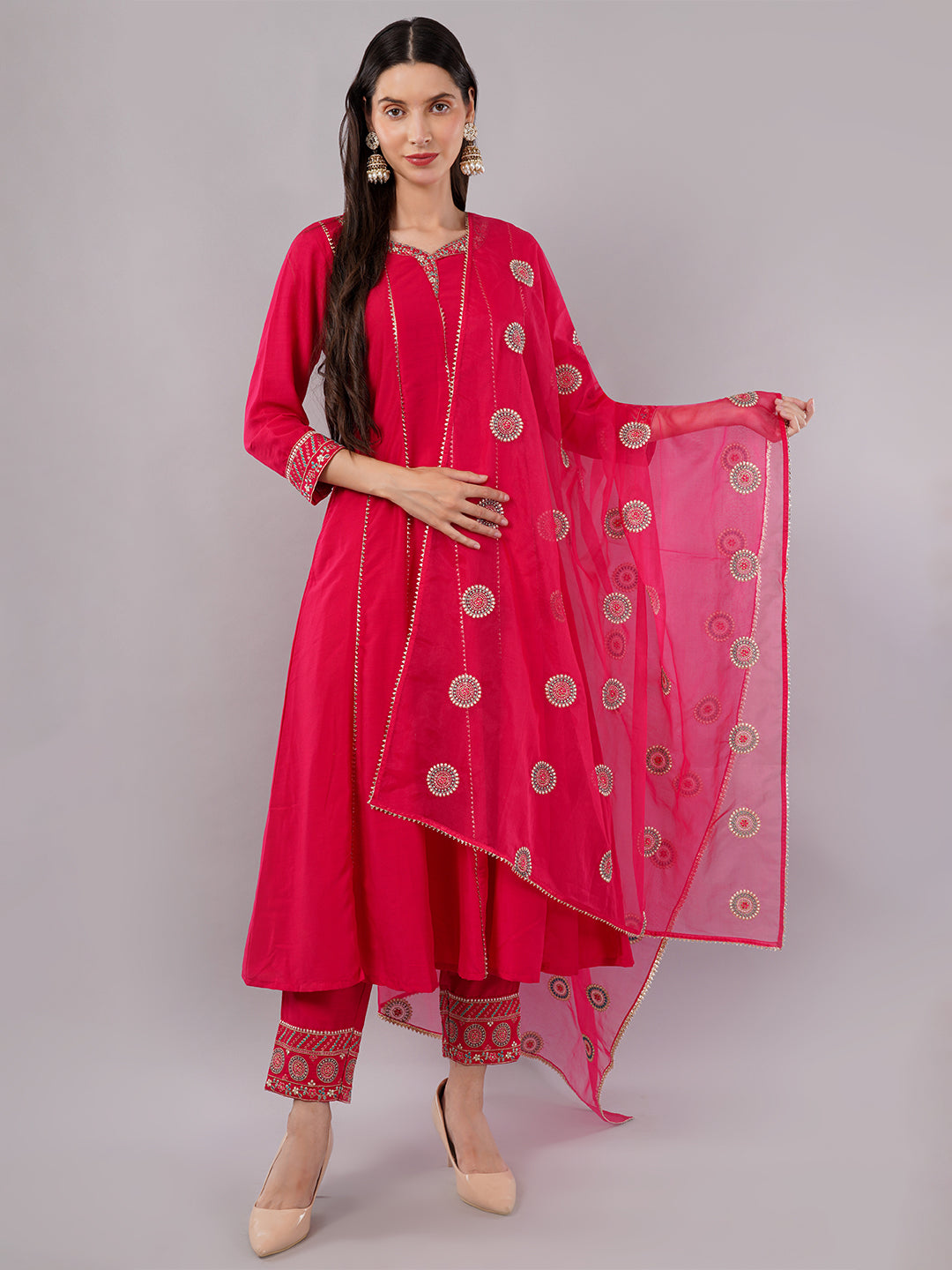 dhartii Classy Fuchsia Pink Delicate Neck Embroidered Anarkali Set with Organza Dupatta and Pants (3 Piece Set)