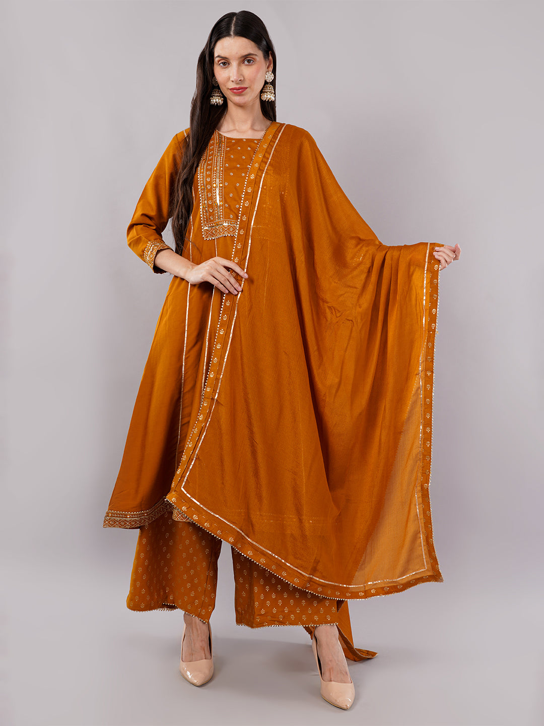 dhartii Festive Ready Mustard Modern Anarkali Set with Chiffon Dupatta and Palazzo (3 Piece Set)