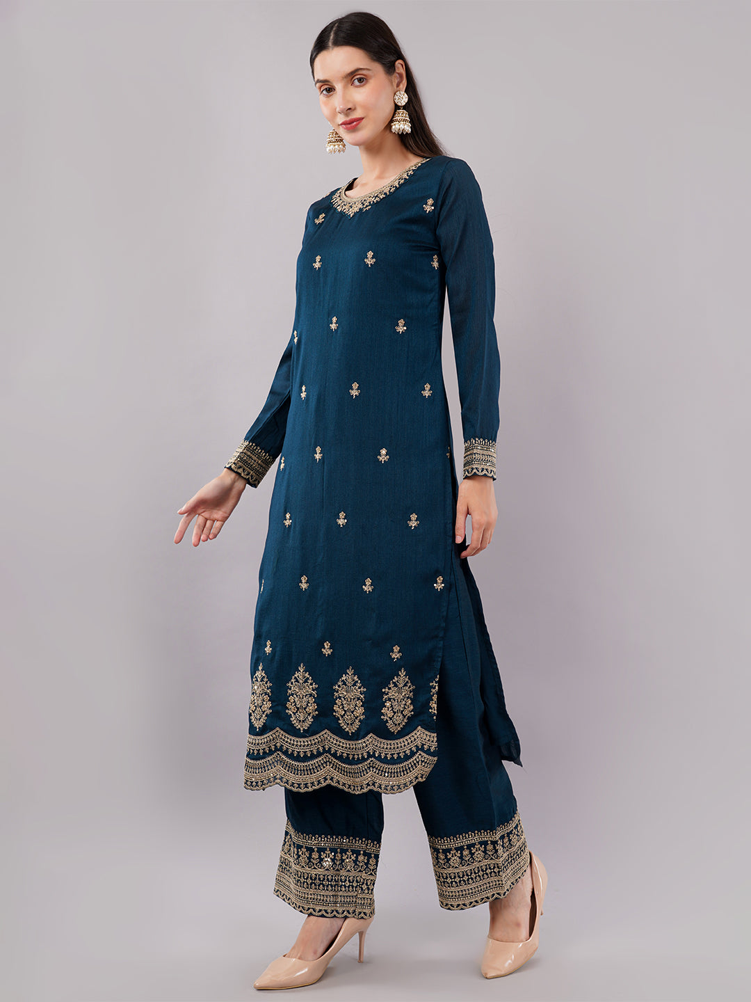 dhartii Festive Striking Teal Blue Heavy Embroidered Suit Set with Palazzo and Dupatta (3 Piece Set)
