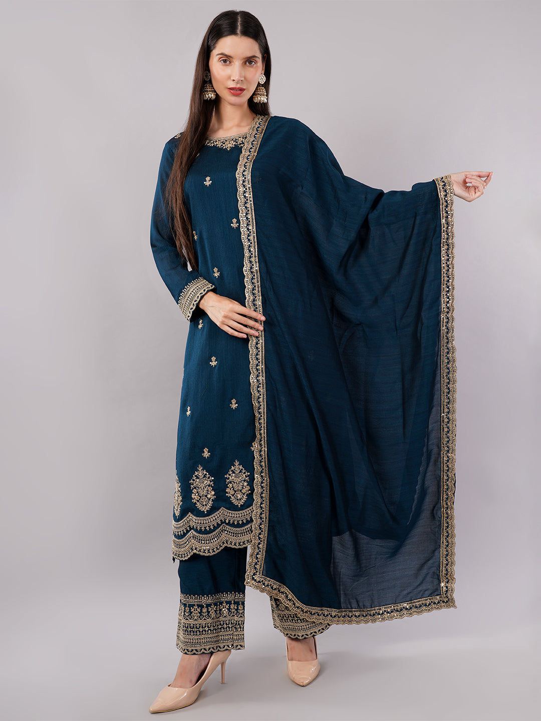 dhartii Festive Striking Teal Blue Heavy Embroidered Suit Set with Palazzo and Dupatta (3 Piece Set)