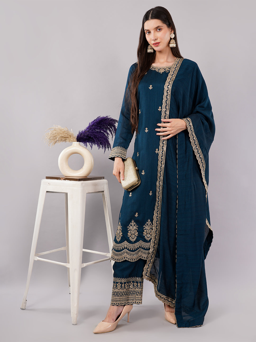 dhartii Festive Striking Teal Blue Heavy Embroidered Suit Set with Palazzo and Dupatta (3 Piece Set)
