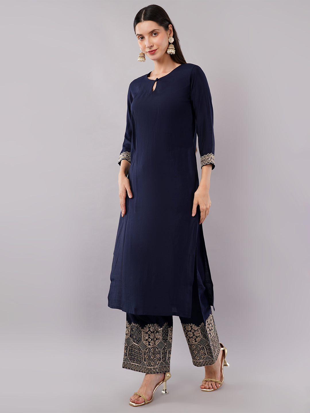 dhartii Trendy Festive Navy Blue Solid Suit Set with Embroidered Palazzo and Dupatta (3 Piece Set)