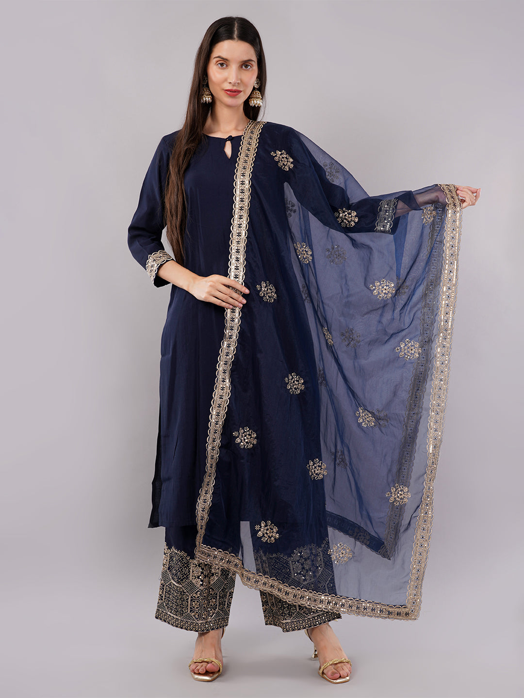 dhartii Trendy Festive Navy Blue Solid Suit Set with Embroidered Palazzo and Dupatta (3 Piece Set)