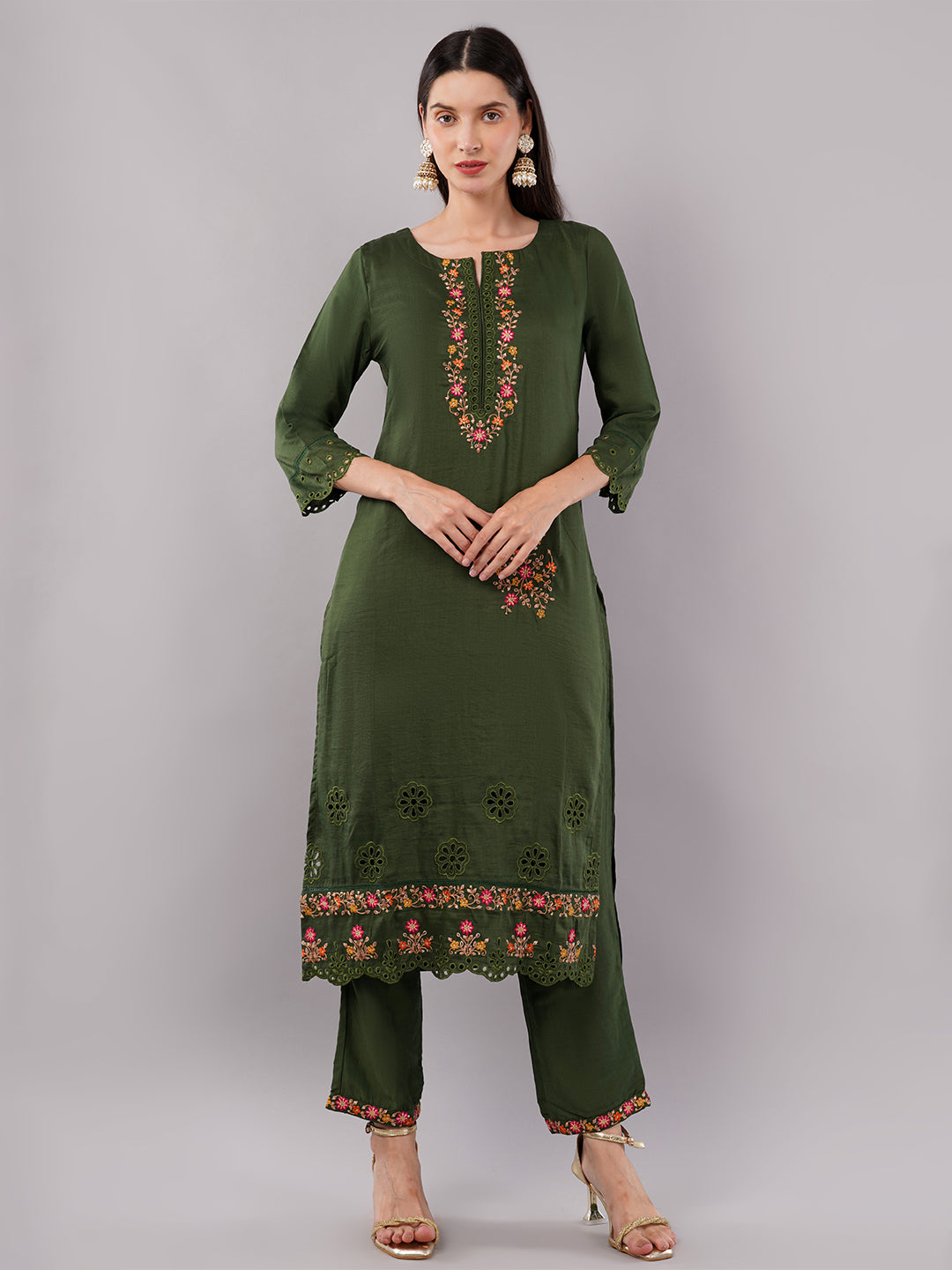 dhartii Trendy Olive Green Schiffli Embroidery Suit Set with Organza Dupatta and Pants (3 Piece Set)
