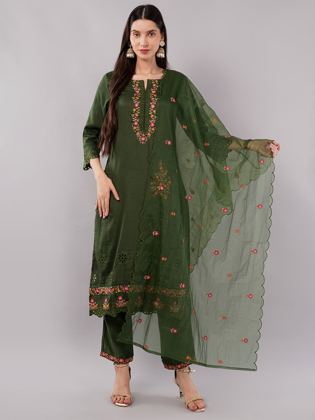 dhartii Trendy Olive Green Schiffli Embroidery Suit Set with Organza Dupatta and Pants (3 Piece Set)