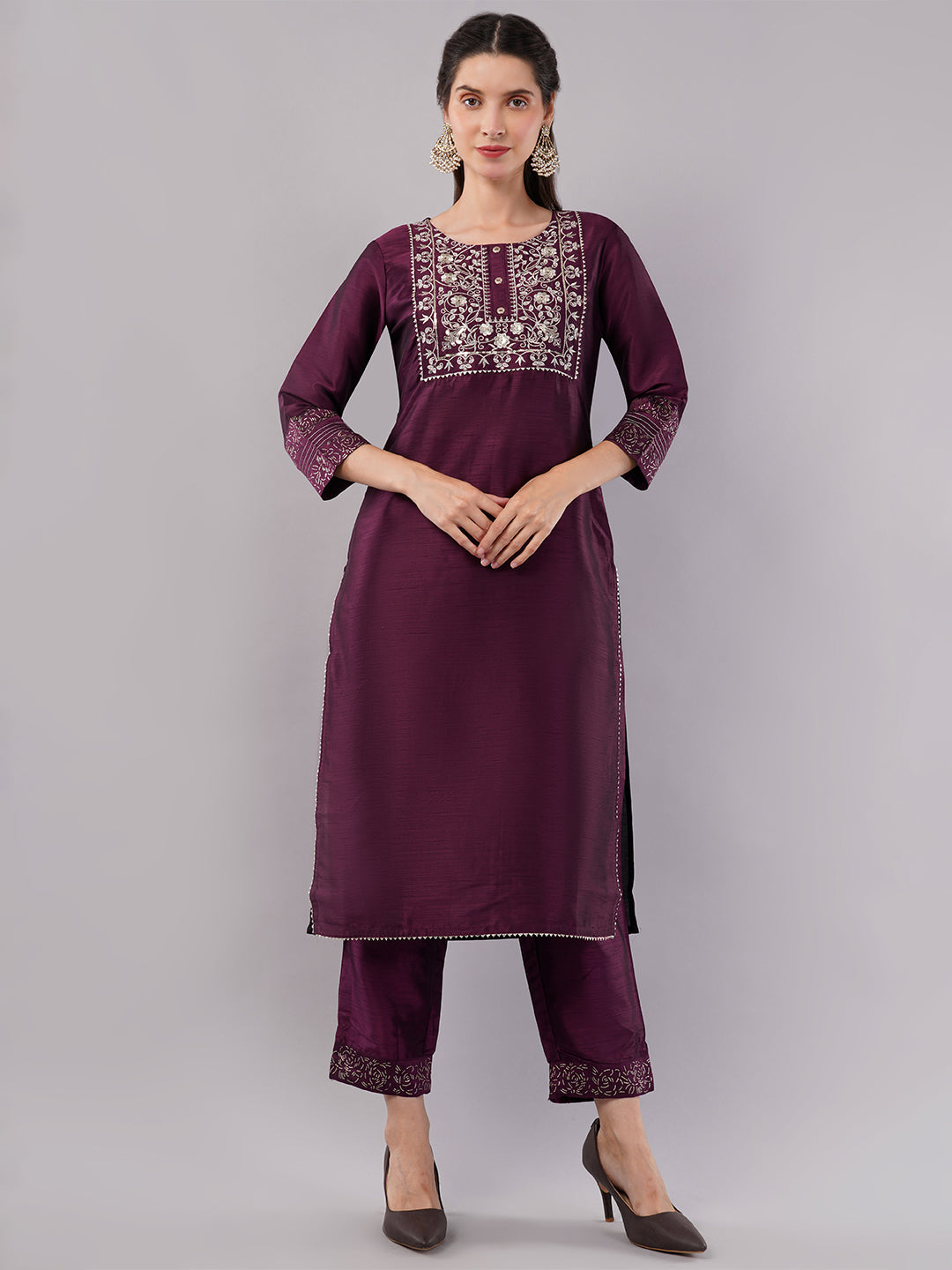 dhartii Elevated Fashionable Purple Embroidered Suit Set with Printed Oraganza Dupatta and Pants (3 Piece Set)
