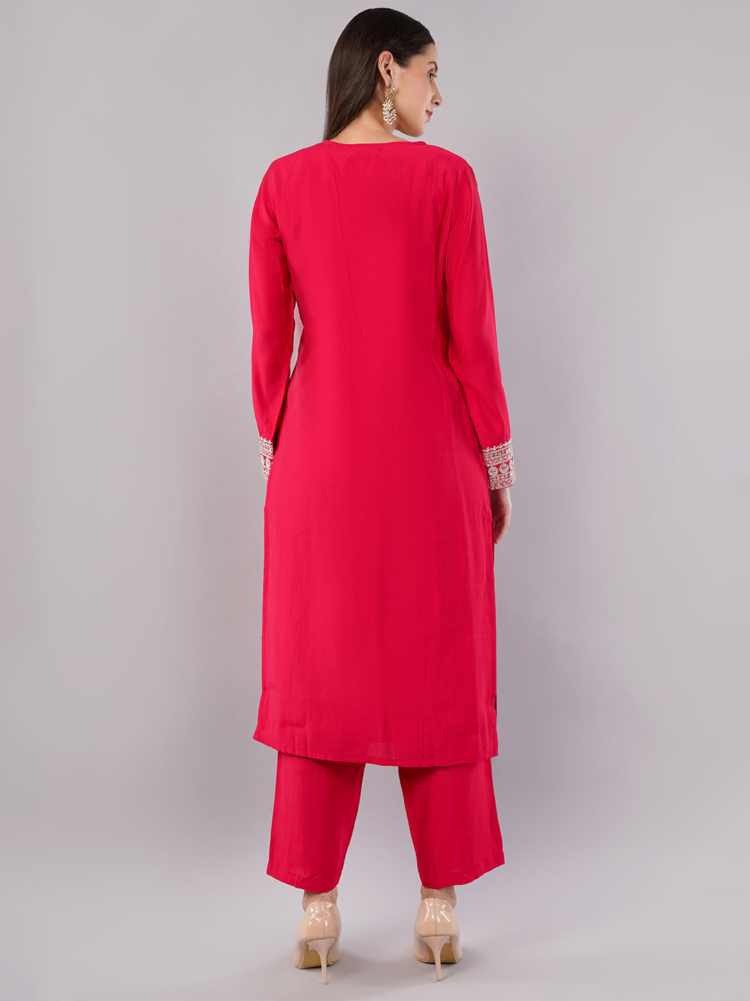 dhartii Elite Festive Red  Embroidered Suit Set with Organza Dupatta and Pants (3 Piece Set)