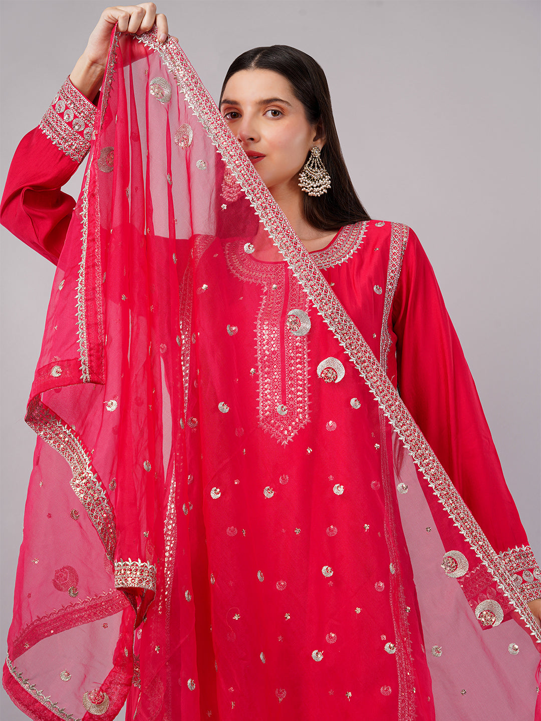 dhartii Elite Festive Red  Embroidered Suit Set with Organza Dupatta and Pants (3 Piece Set)