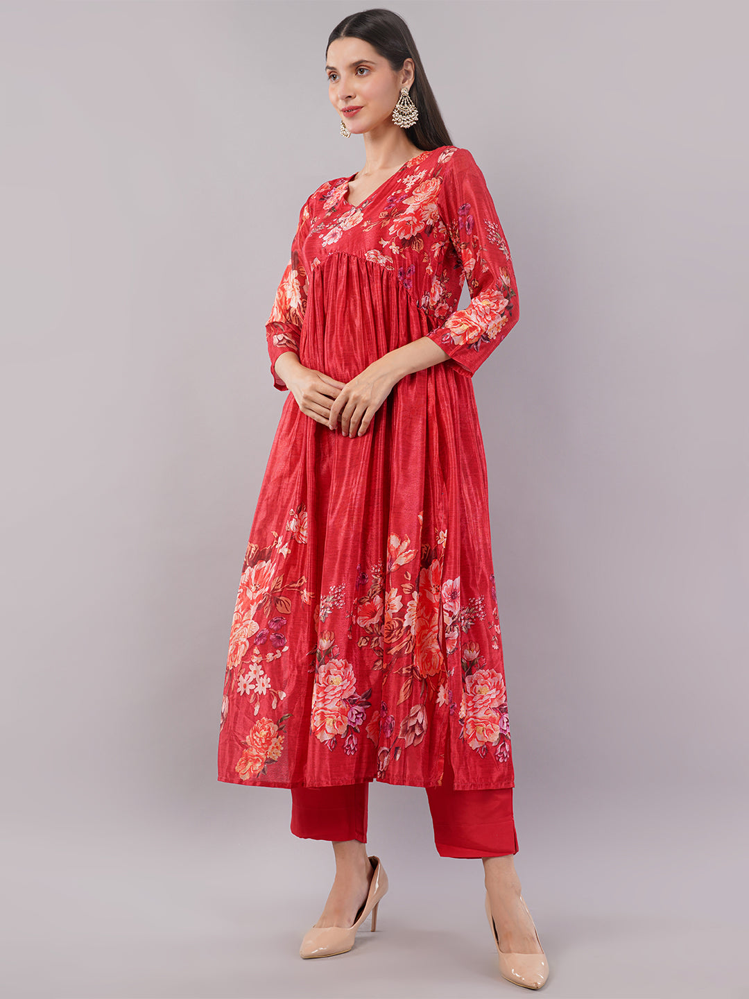 dhartii Fashionable High Low Hem Floral Printed Suit Set with Chiffon Dupatta and Pants (3 Piece Set)