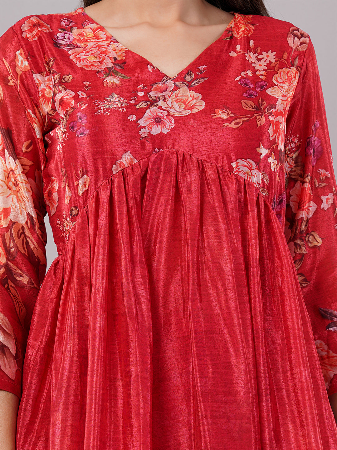 dhartii Fashionable High Low Hem Floral Printed Suit Set with Chiffon Dupatta and Pants (3 Piece Set)