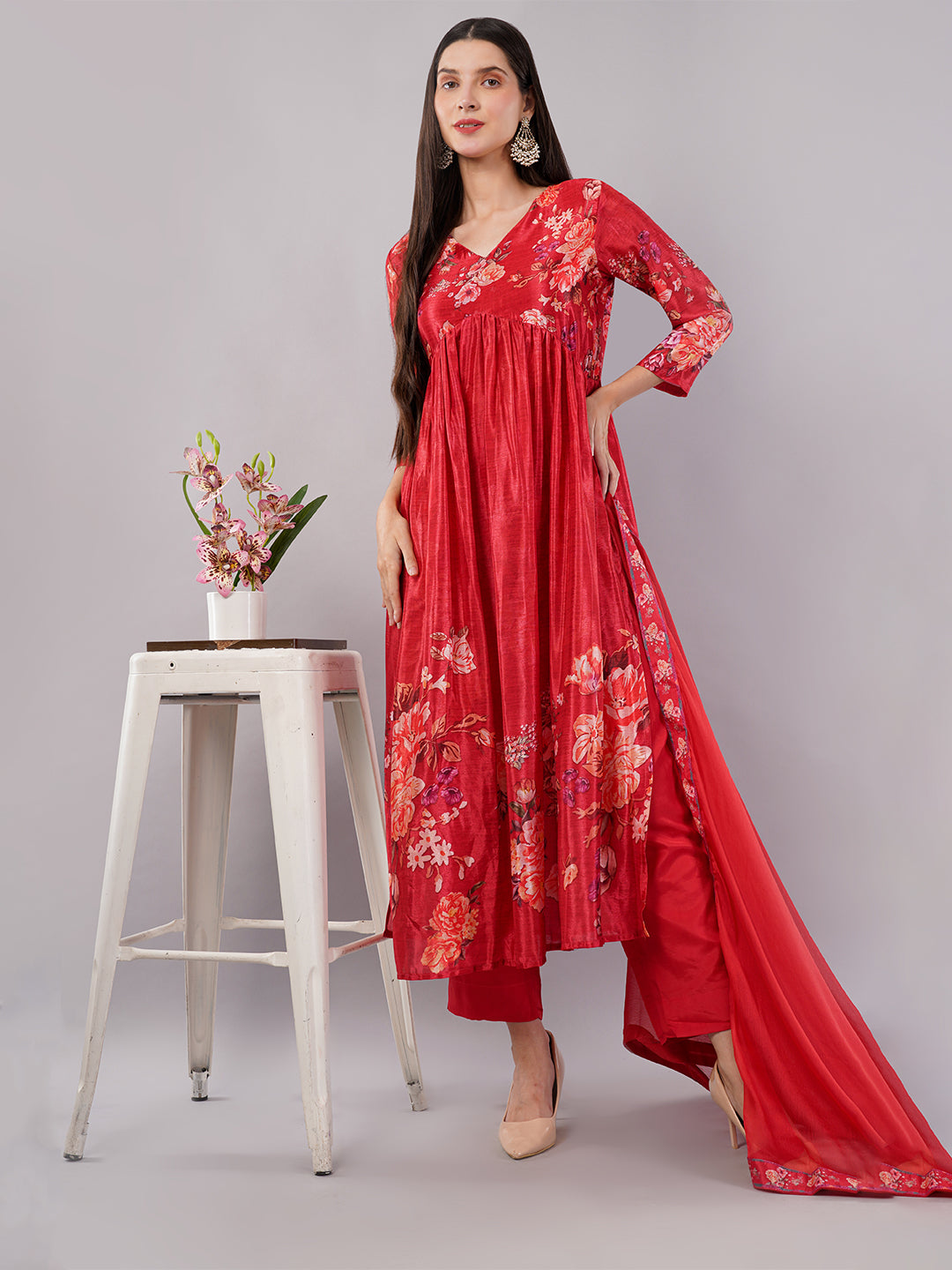 dhartii Fashionable High Low Hem Floral Printed Suit Set with Chiffon Dupatta and Pants (3 Piece Set)