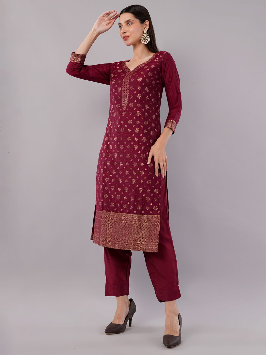dhartii New Age Lavish Maroon Royal Brocade Suit Set with Dupatta and Pants (3 Piece Set)