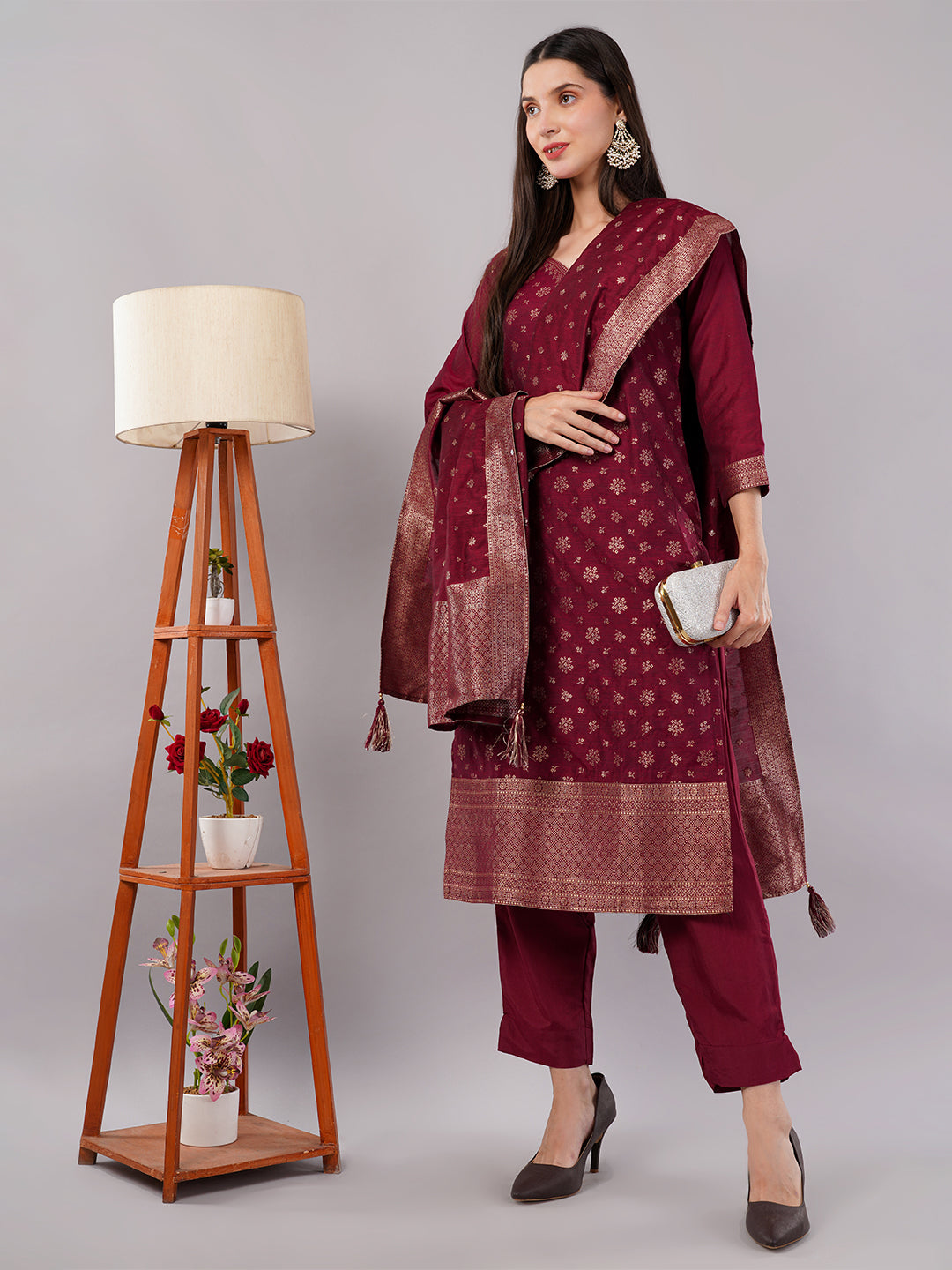 dhartii New Age Lavish Maroon Royal Brocade Suit Set with Dupatta and Pants (3 Piece Set)