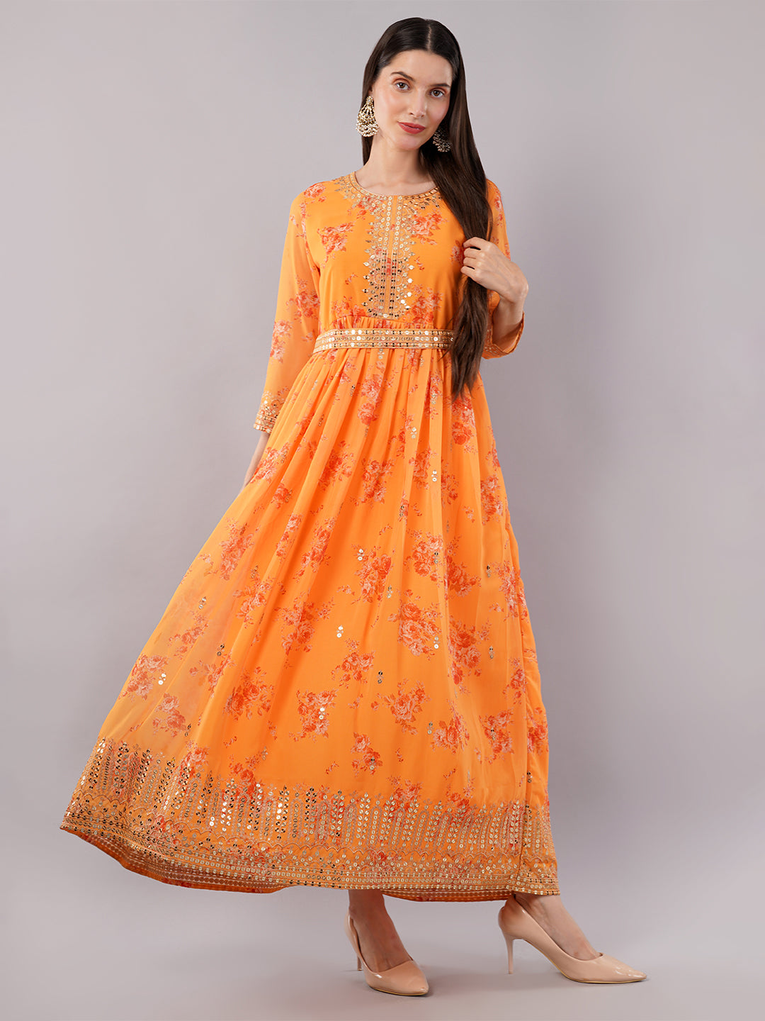 dhartii Elegant Yellow Sequin Embroidered Floral Print on Print Anarkali Set Dupatta and Embroidered Belt (4 Piece Set)