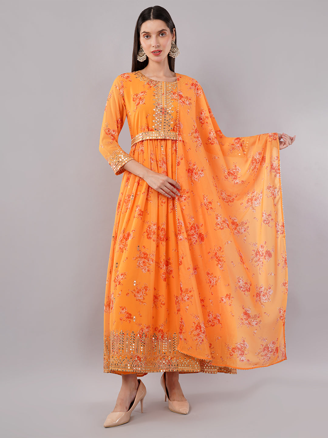 dhartii Elegant Yellow Sequin Embroidered Floral Print on Print Anarkali Set Dupatta and Embroidered Belt (4 Piece Set)