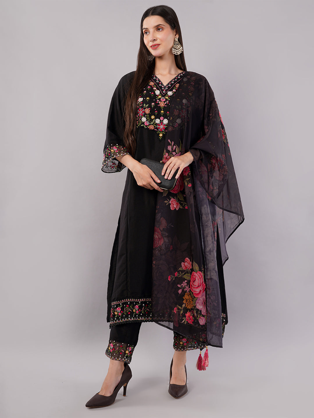 dhartii Fashionable Black Trending Thread-Embroidered Suit Set with Floral Printed Dupatta and Pants (3 Piece Set)