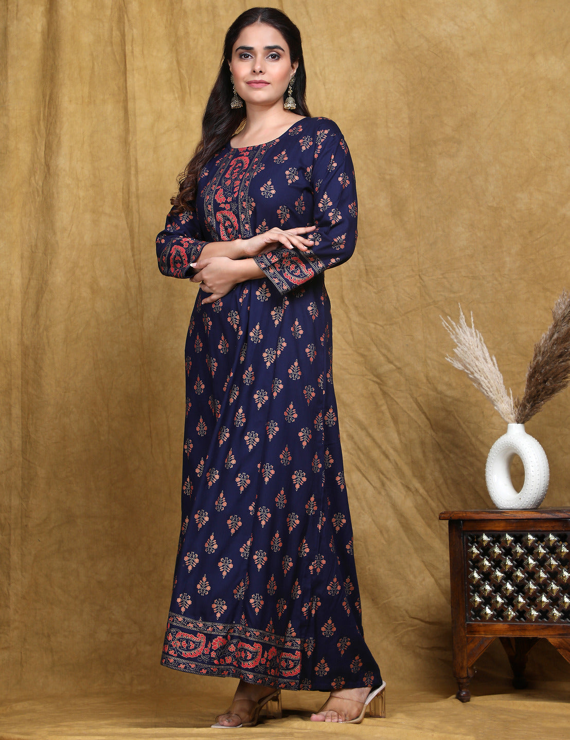 Navy Blue Printed Flared Rayon Dress