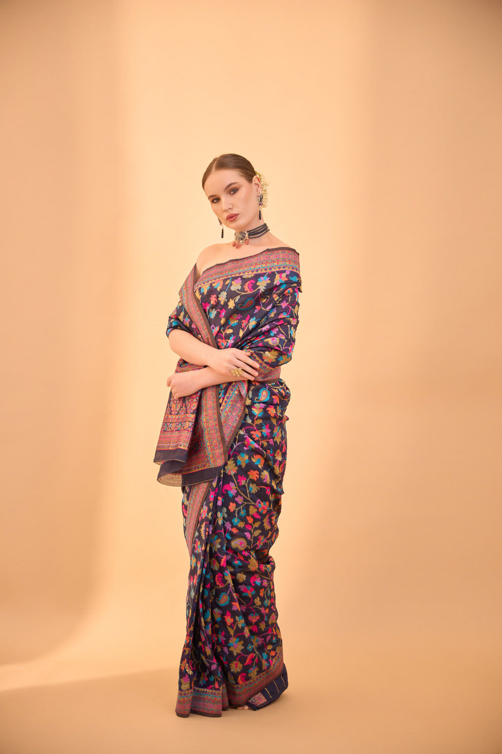 Navy Blue Kashmiri Weaving Silk Saree With Intricate Multicolor Floral Patterns