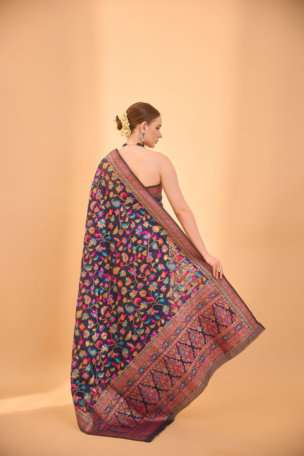 Navy Blue Kashmiri Weaving Silk Saree With Intricate Multicolor Floral Patterns