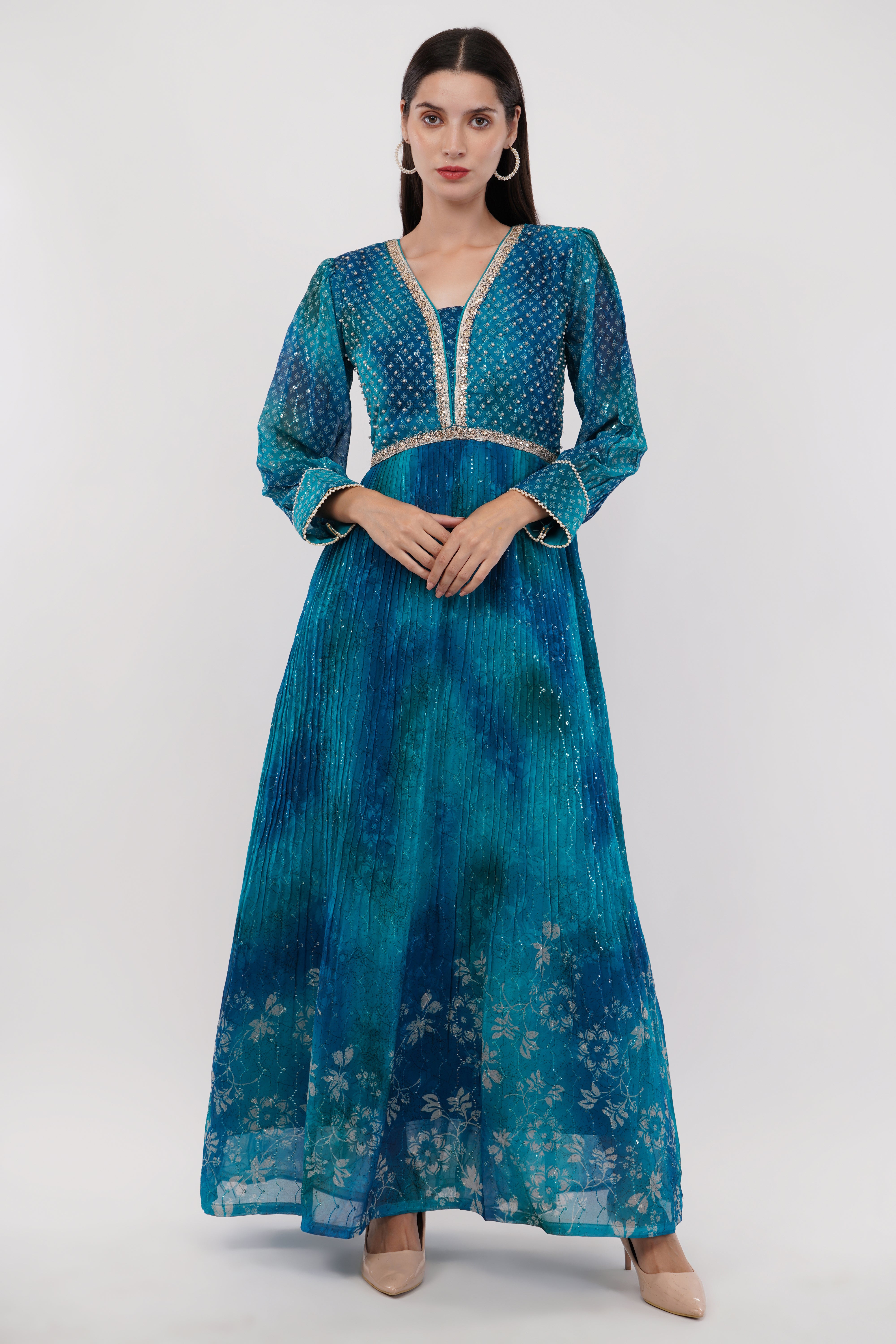 Blue-Green Printed Anarkali Gown - Set Of 3