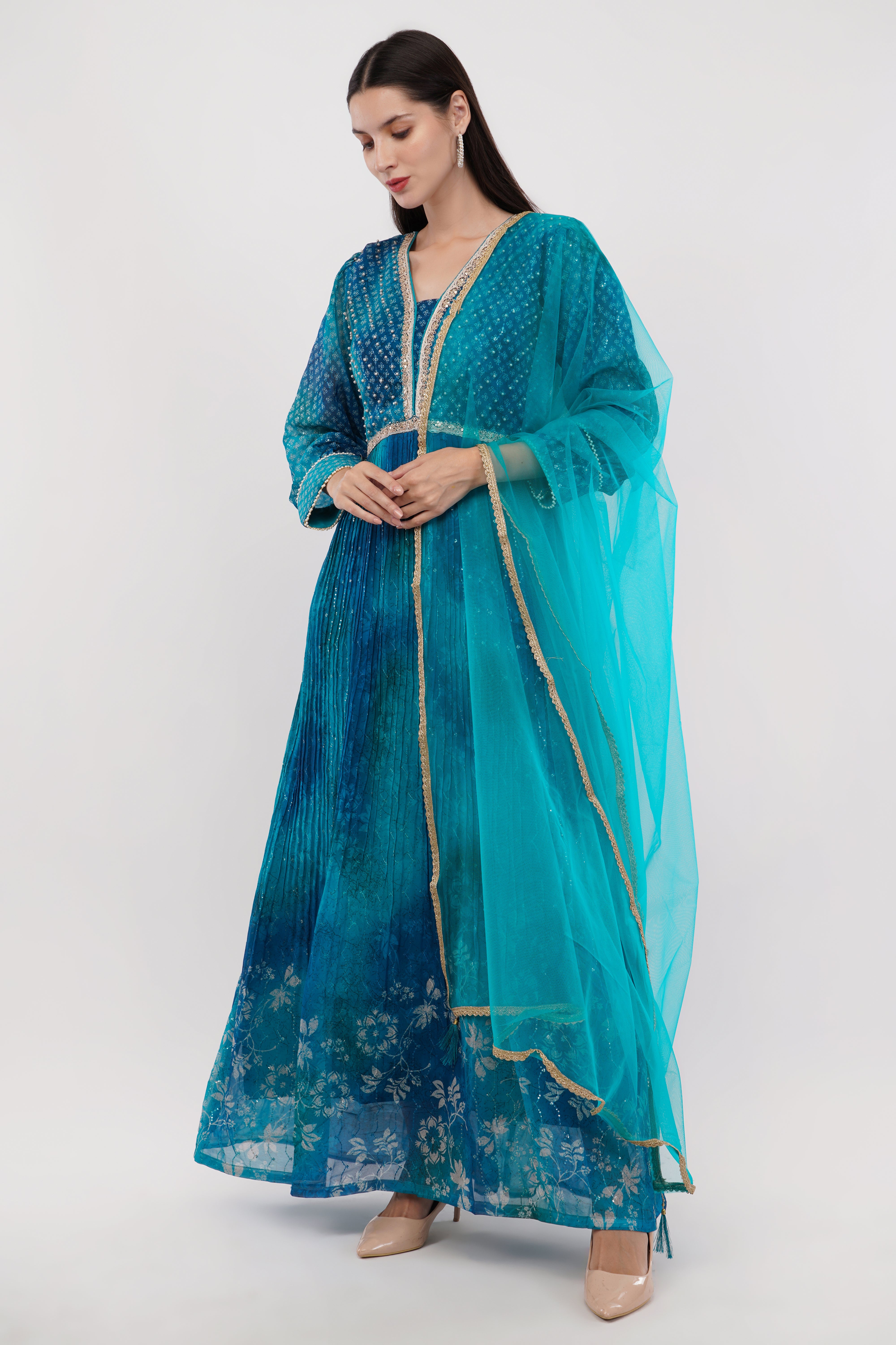 Blue-Green Printed Anarkali Gown - Set Of 3