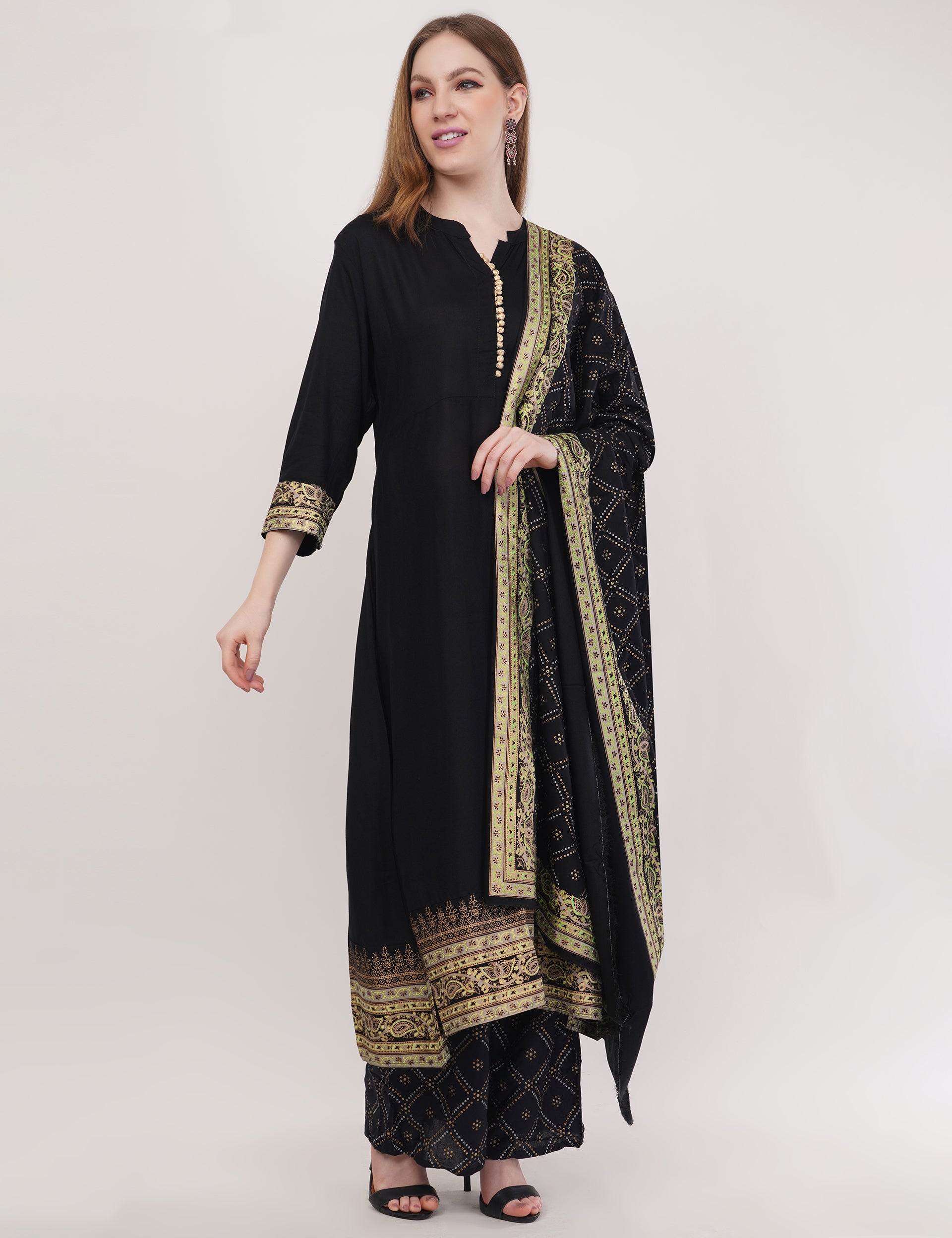 Black Anarkali Block Printed, Contrast Button Details - Set Of 3