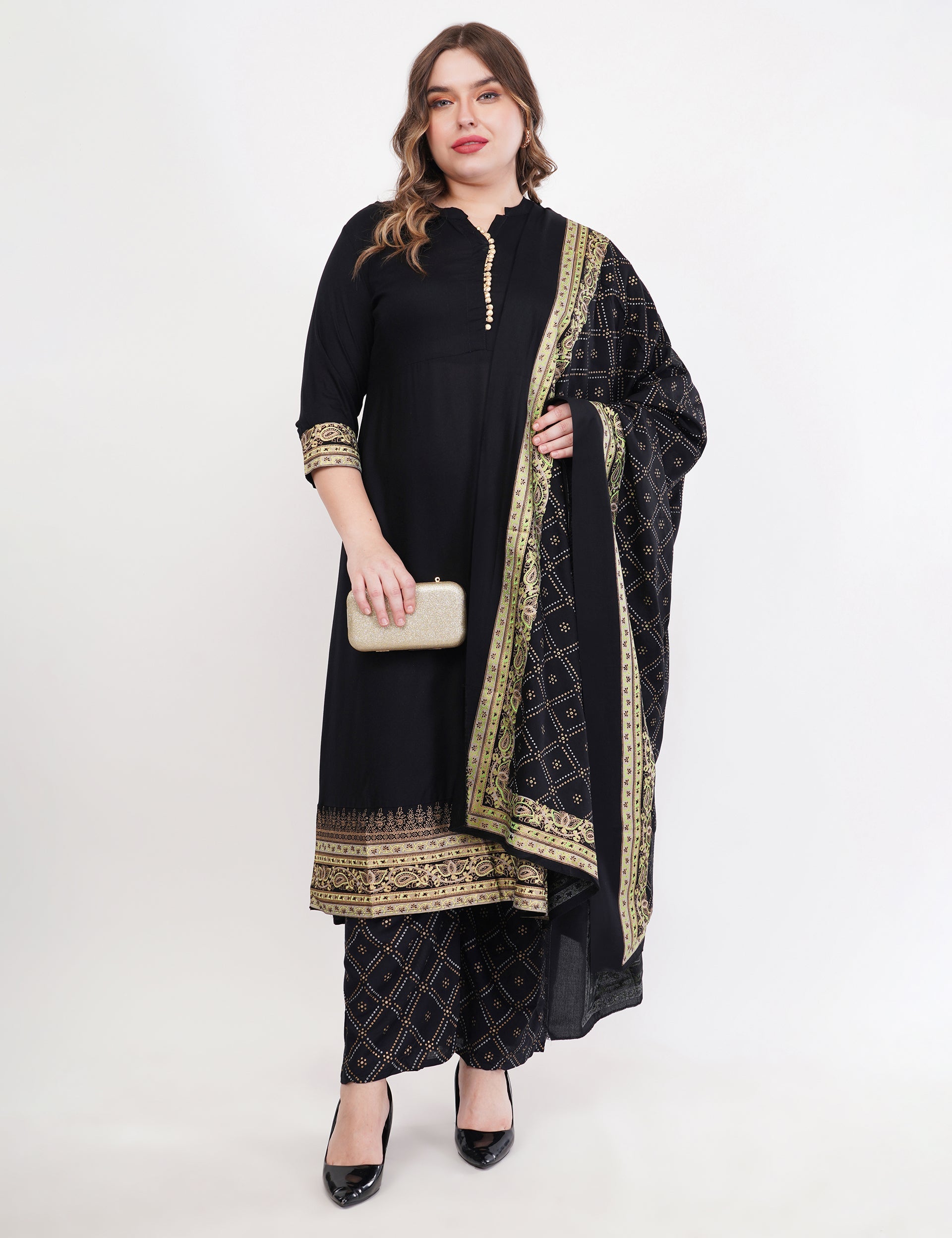 Black Anarkali Block Printed, Contrast Button Details - Set Of 3