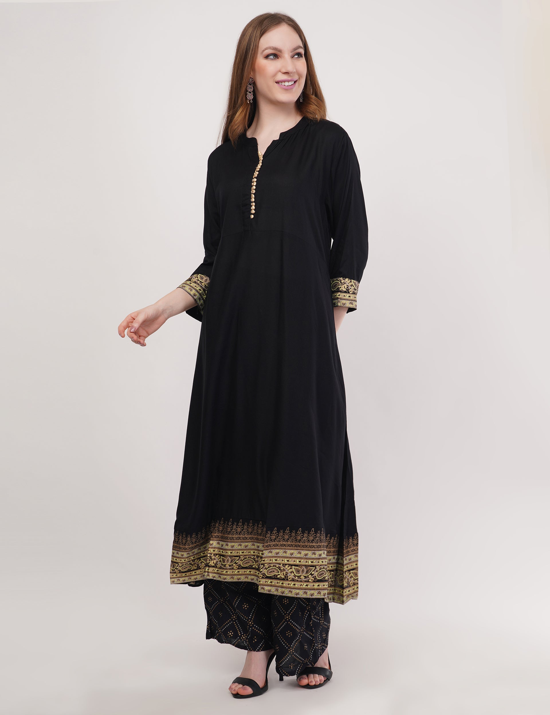 Black Anarkali Block Printed, Contrast Button Details - Set Of 3