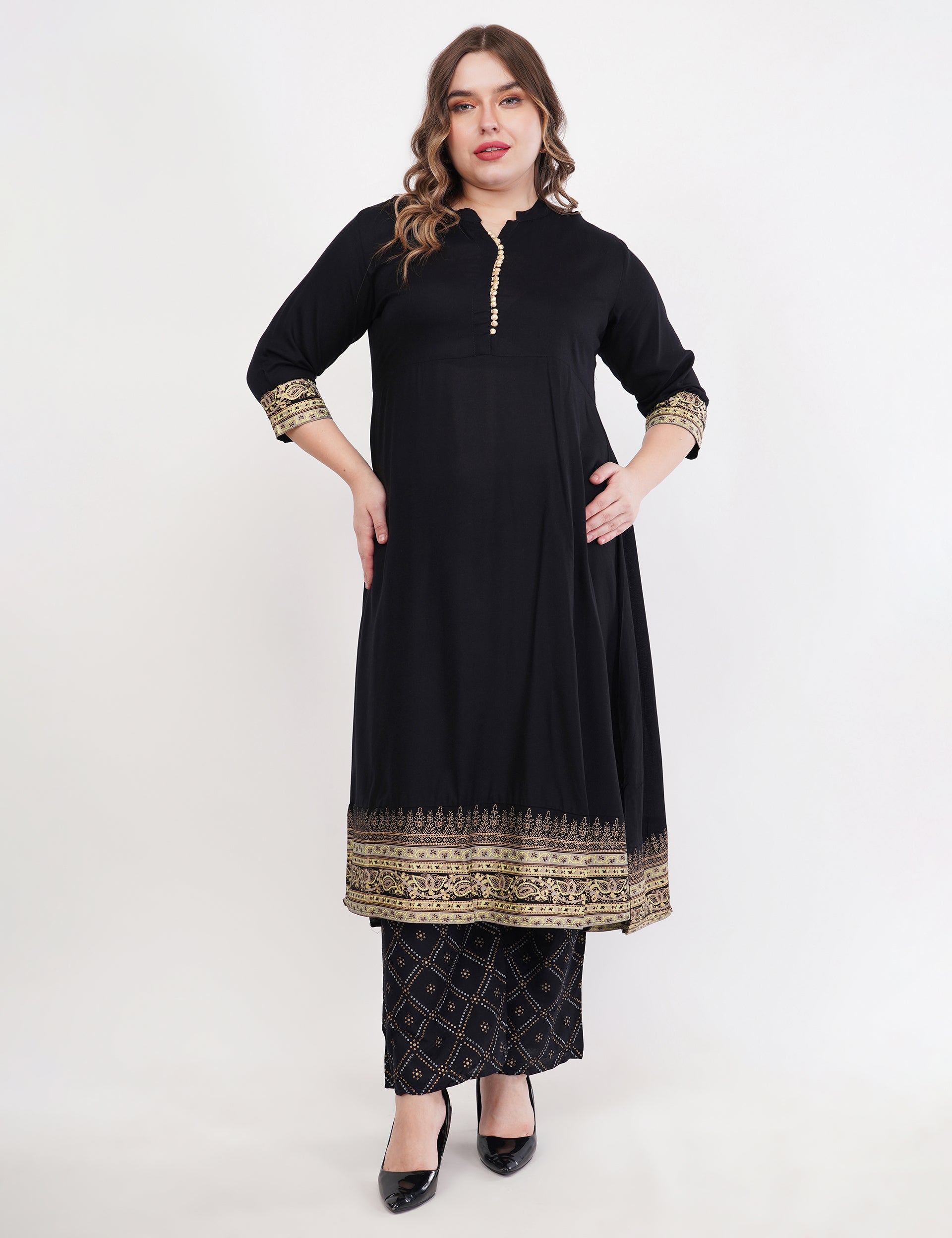 Black Anarkali Block Printed, Contrast Button Details - Set Of 3