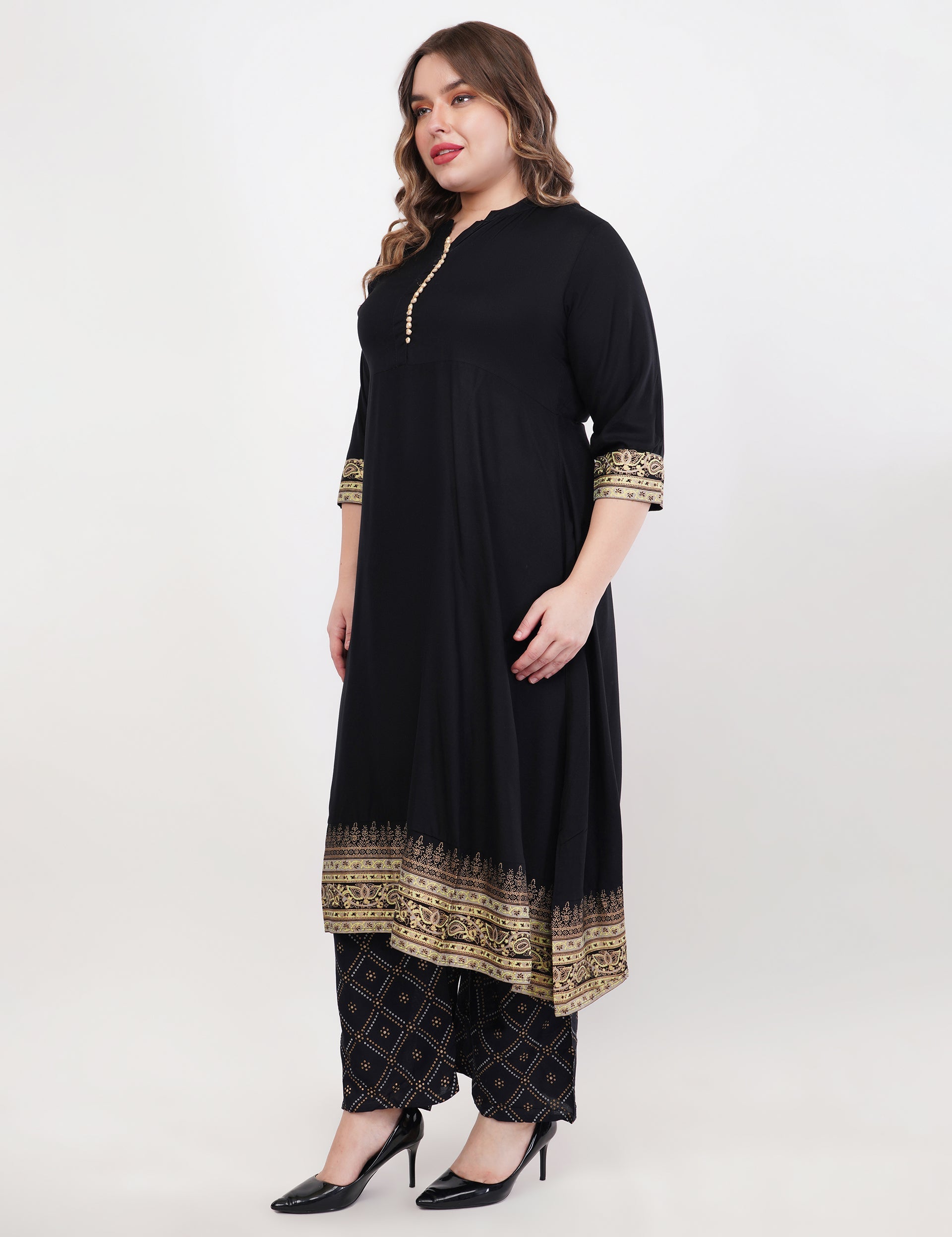 Black Anarkali Block Printed, Contrast Button Details - Set Of 3