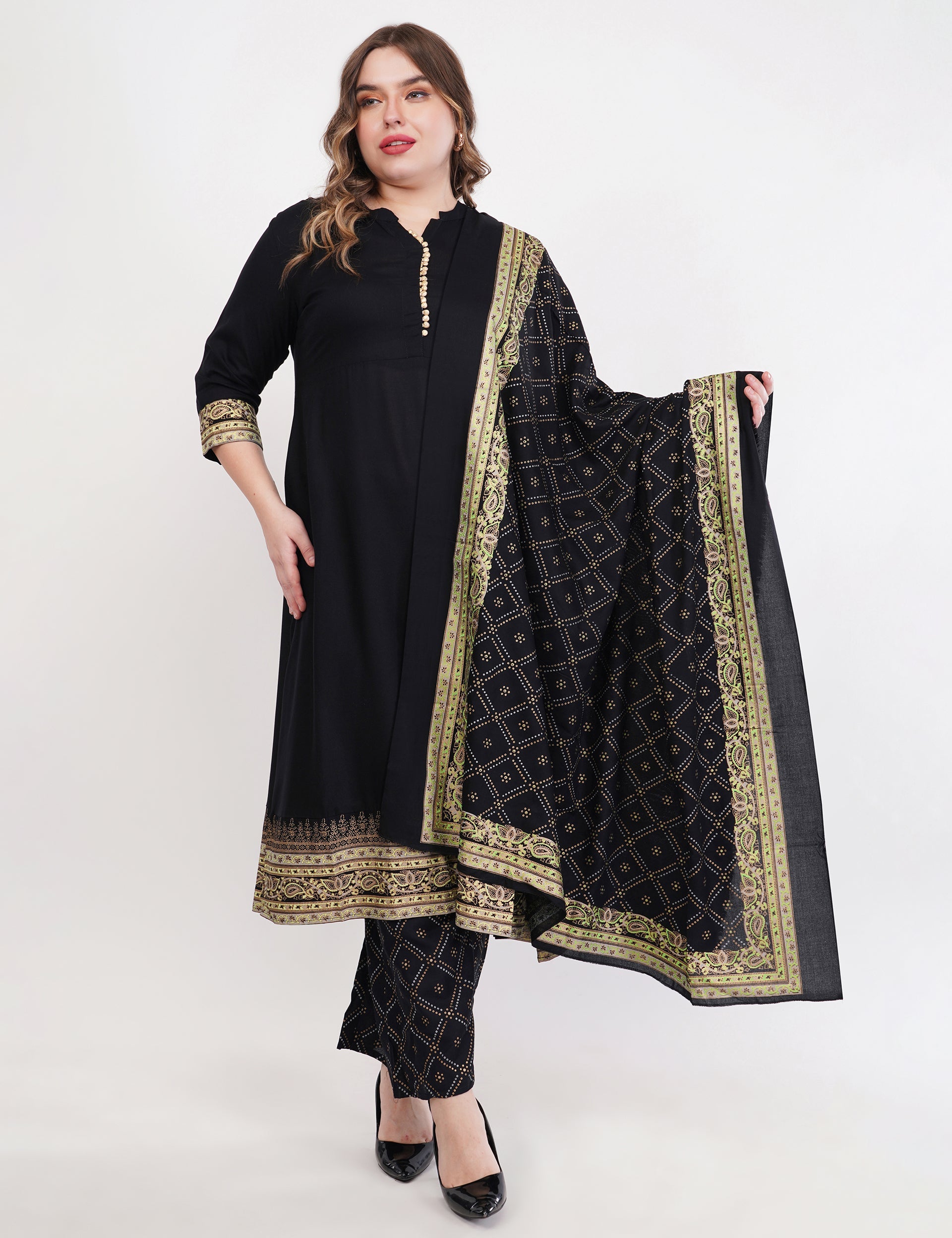 Black Anarkali Block Printed, Contrast Button Details - Set Of 3