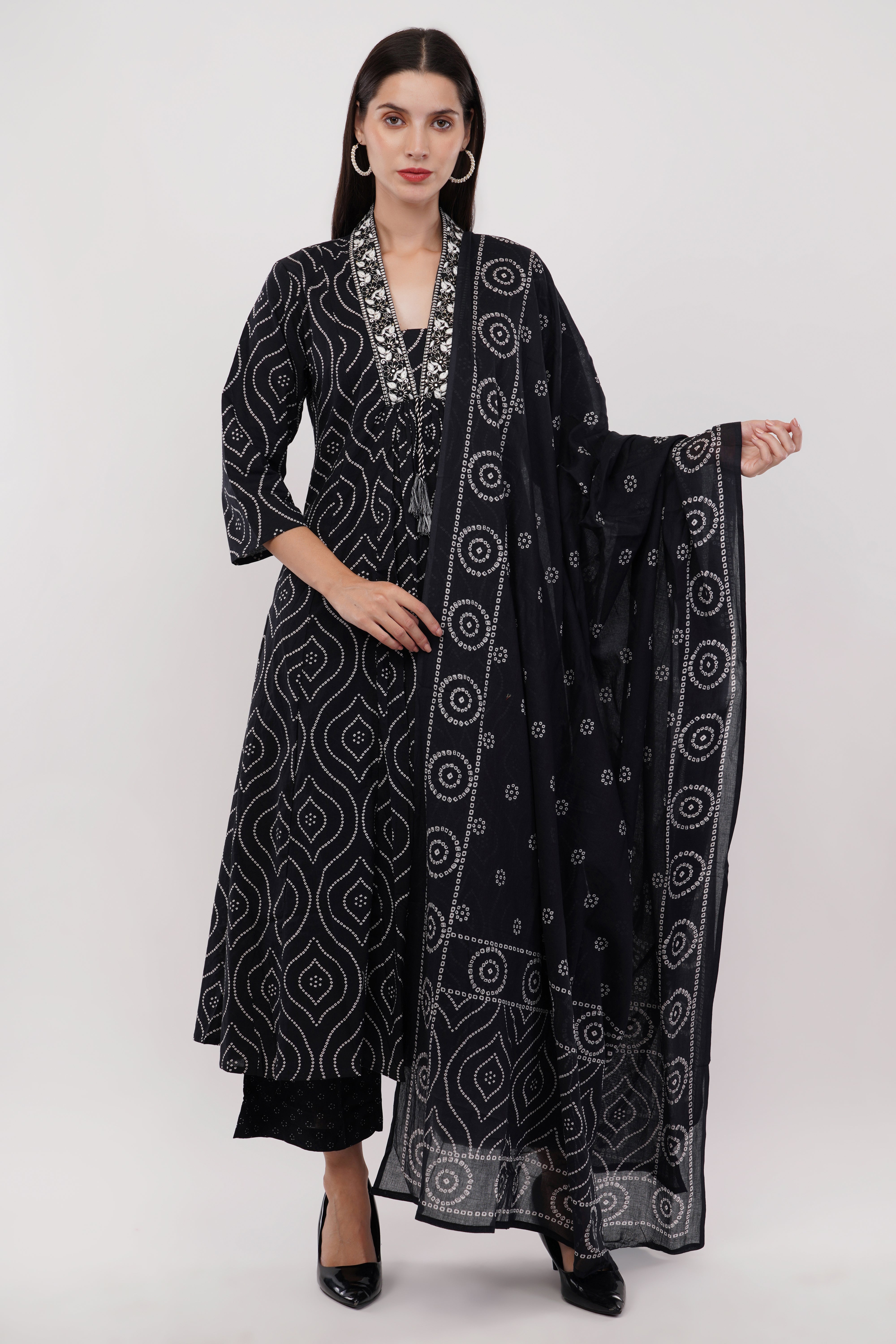 Black Pure Cotton Printed Cotton Anarkali Set - Set Of 3