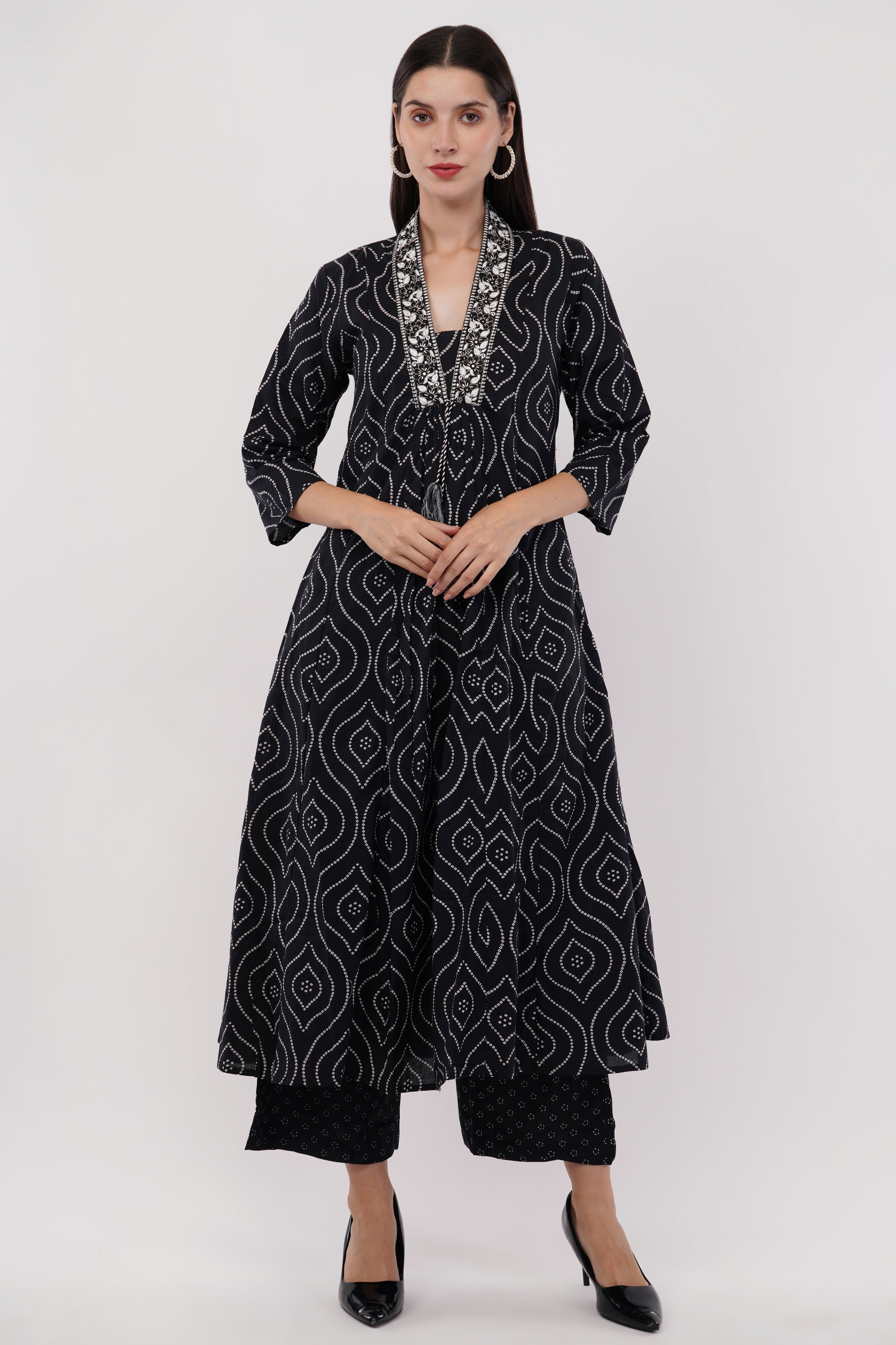 Black Pure Cotton Printed Cotton Anarkali Set - Set Of 3