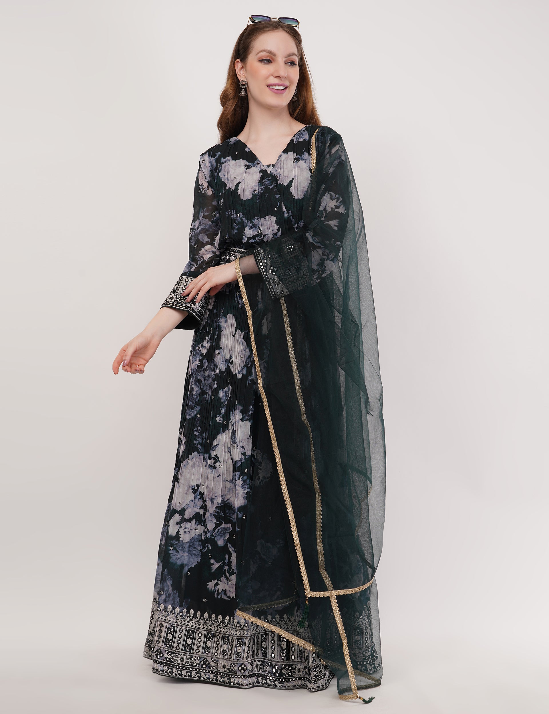 Black Printed Anarkali Gown - Set Of 2