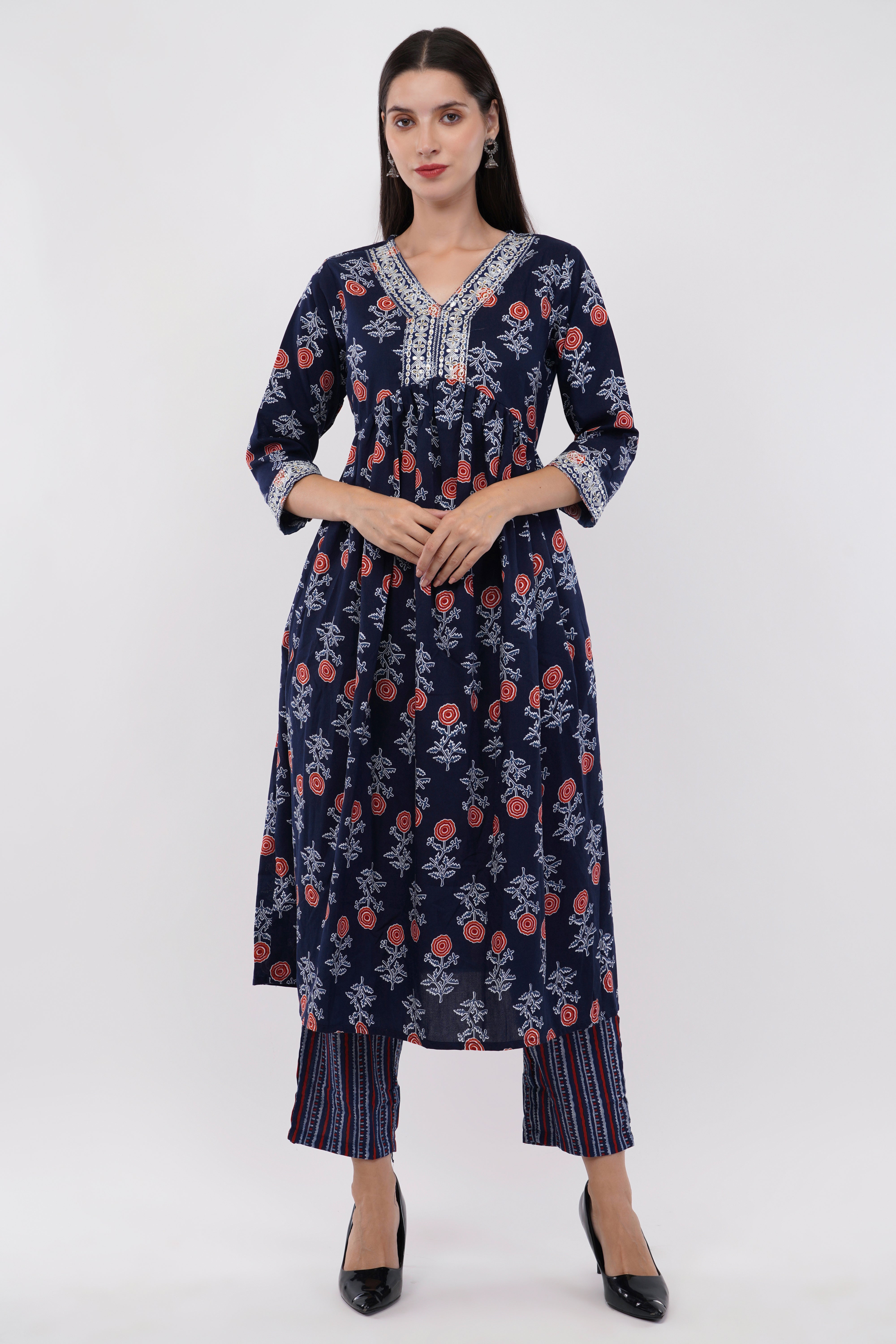 Rayon Printed Anarkali Set With Neck Detail - Set Of 3