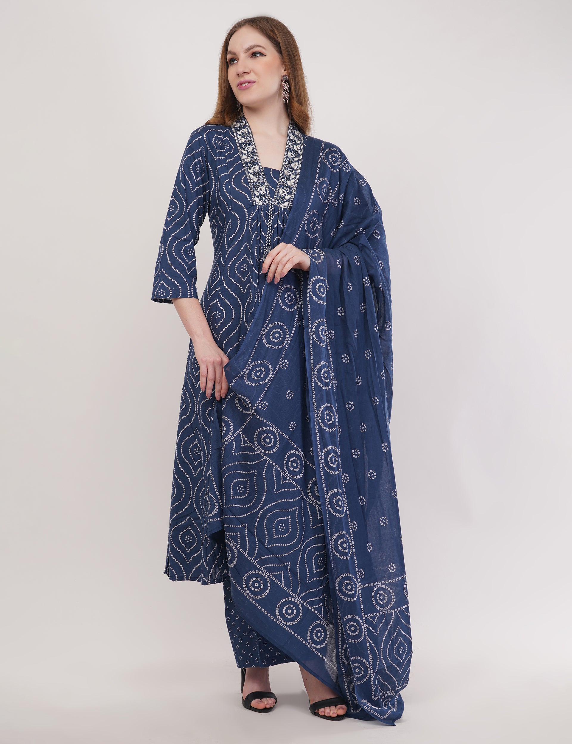 Blue Pure Cotton Printed Cotton Anarkali Set - Set Of 3