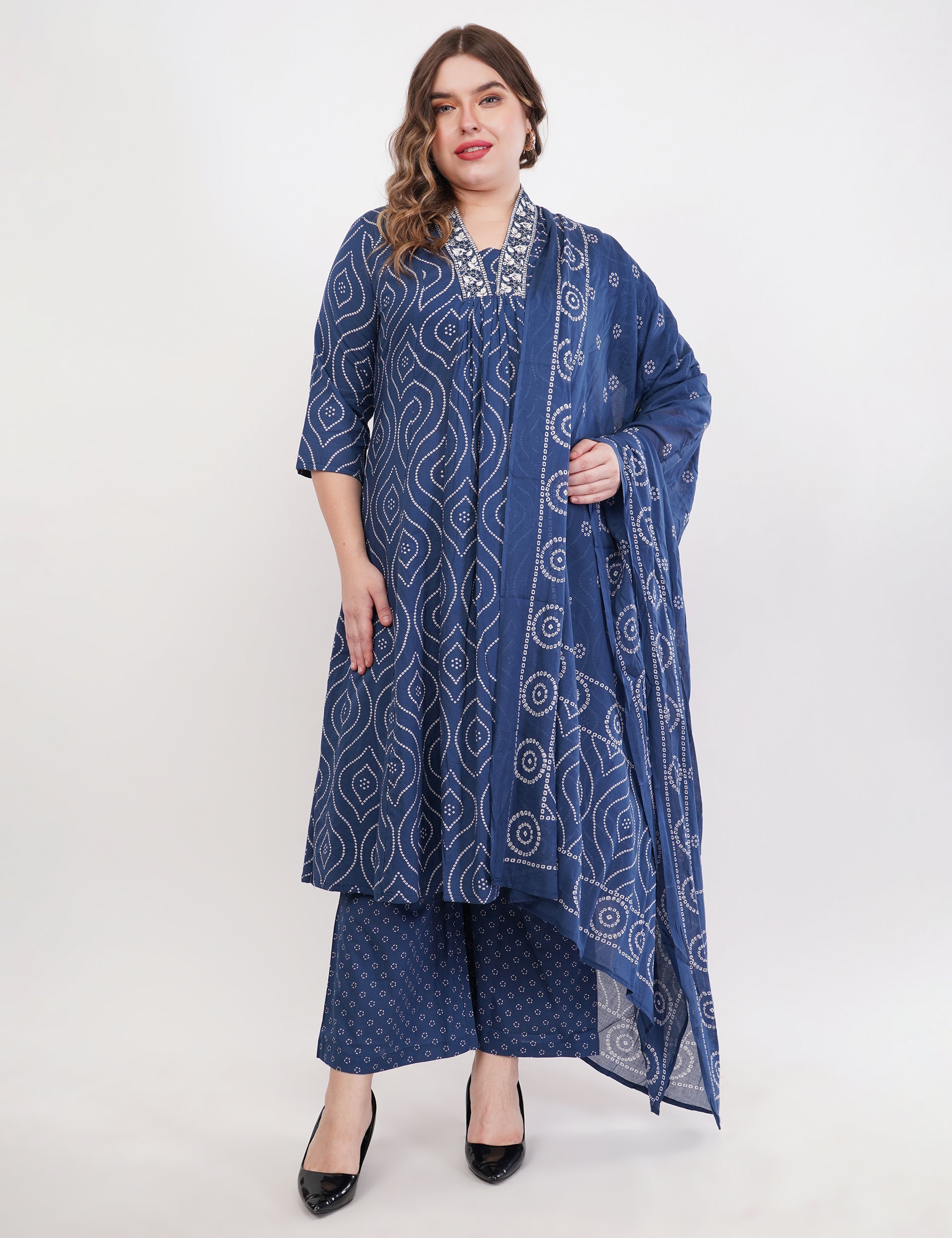 Blue Pure Cotton Printed Cotton Anarkali Set - Set Of 3