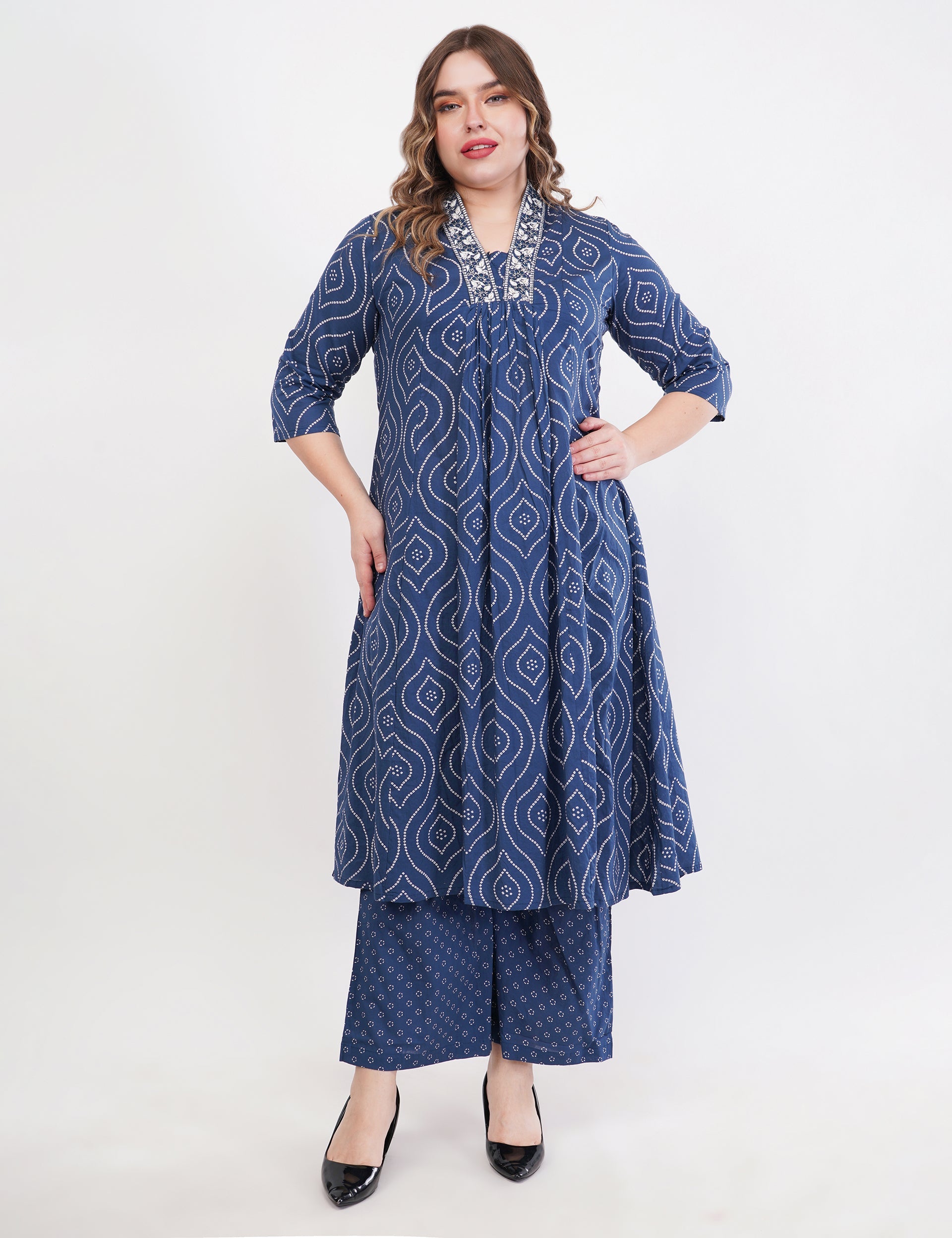 Blue Pure Cotton Printed Cotton Anarkali Set - Set Of 3