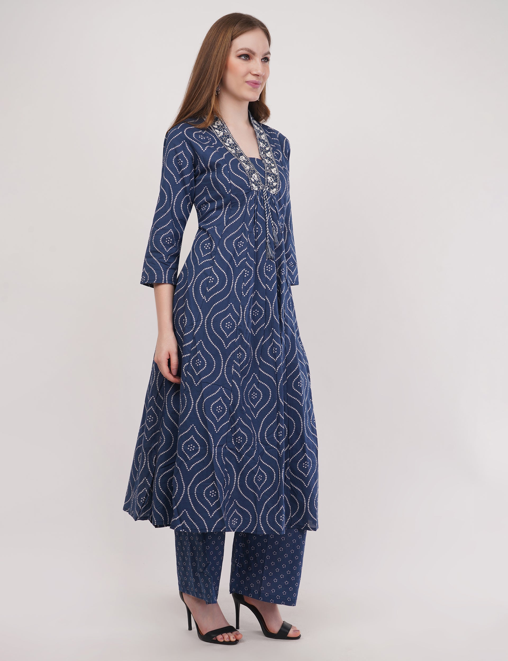 Blue Pure Cotton Printed Cotton Anarkali Set - Set Of 3