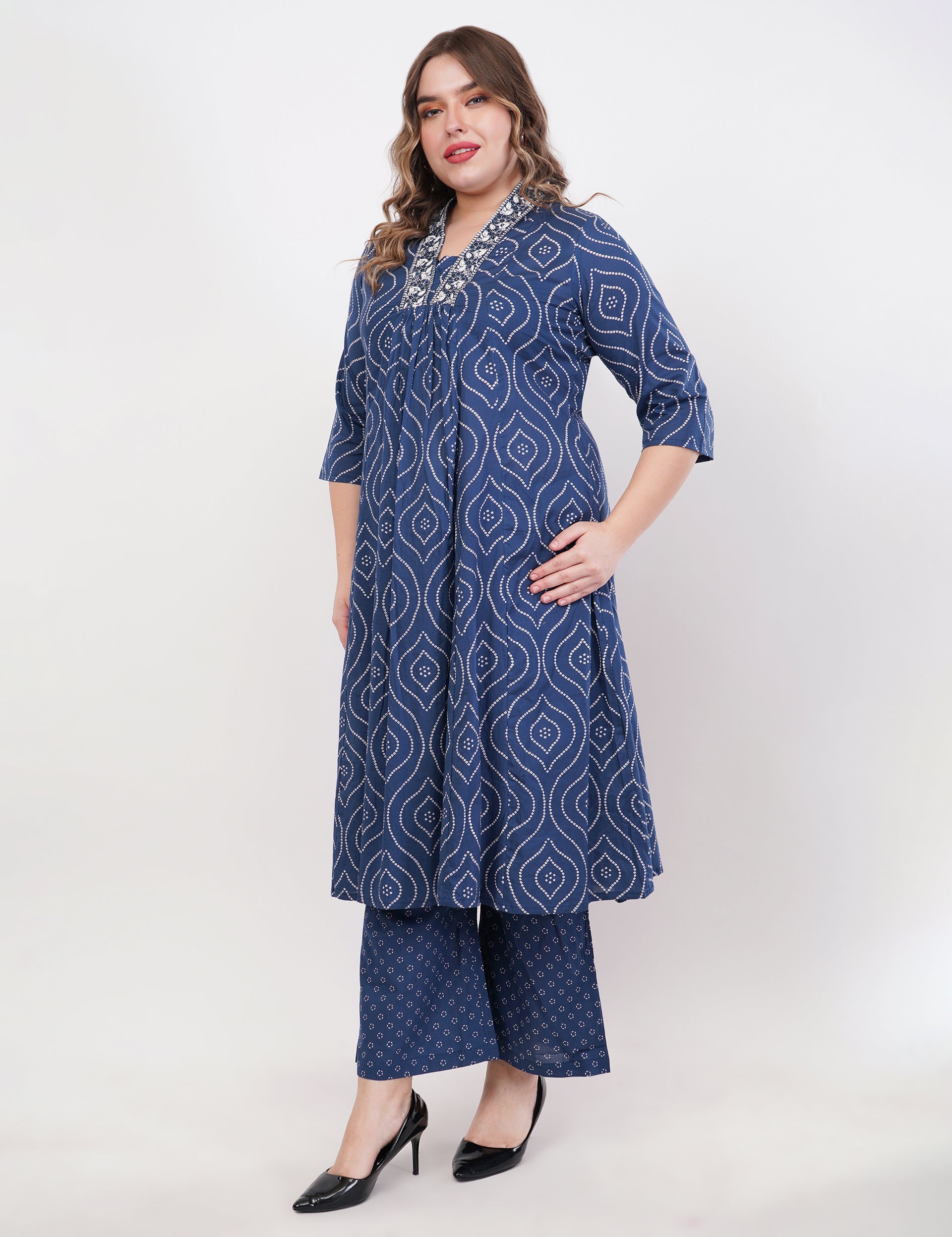 Blue Pure Cotton Printed Cotton Anarkali Set - Set Of 3