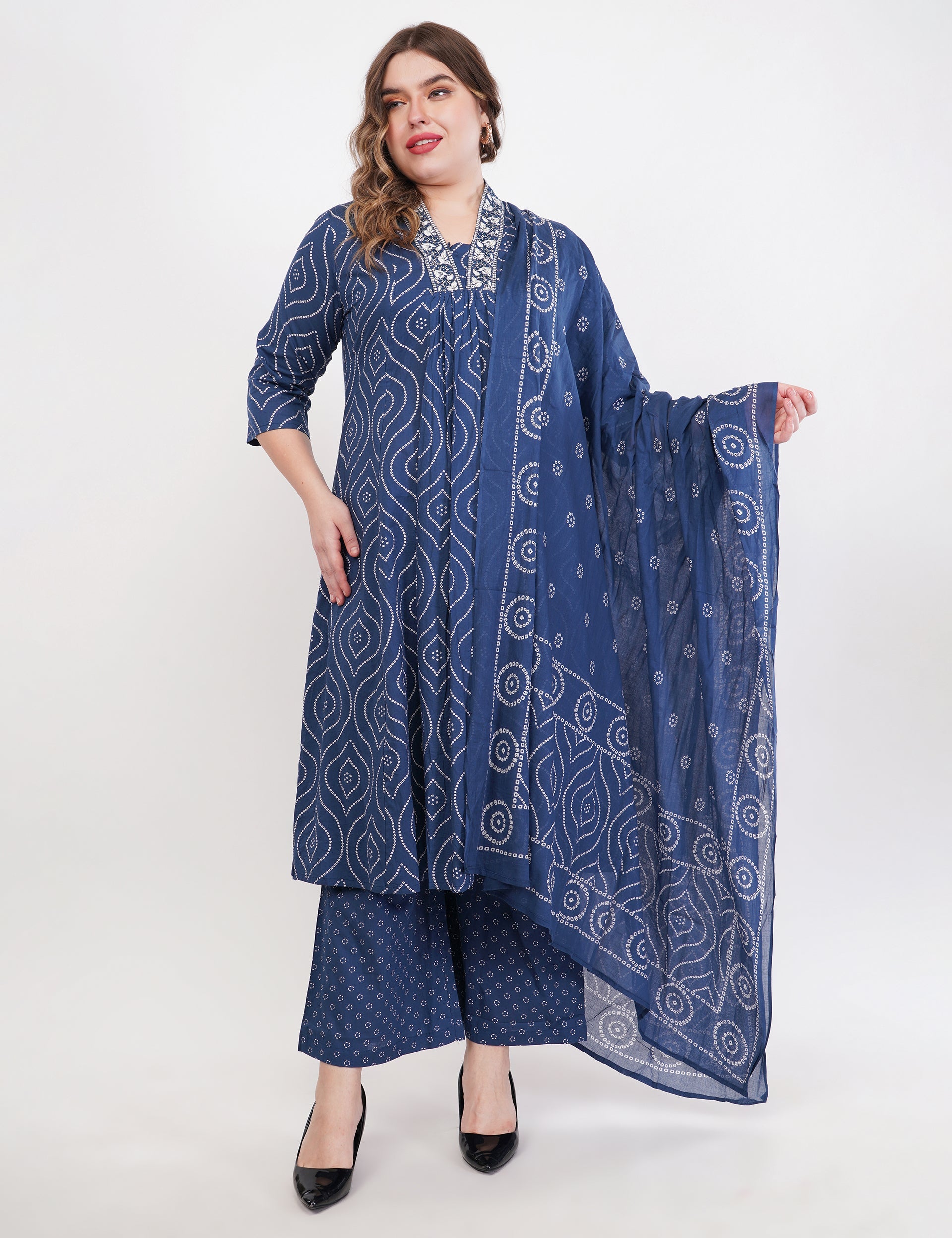 Blue Pure Cotton Printed Cotton Anarkali Set - Set Of 3