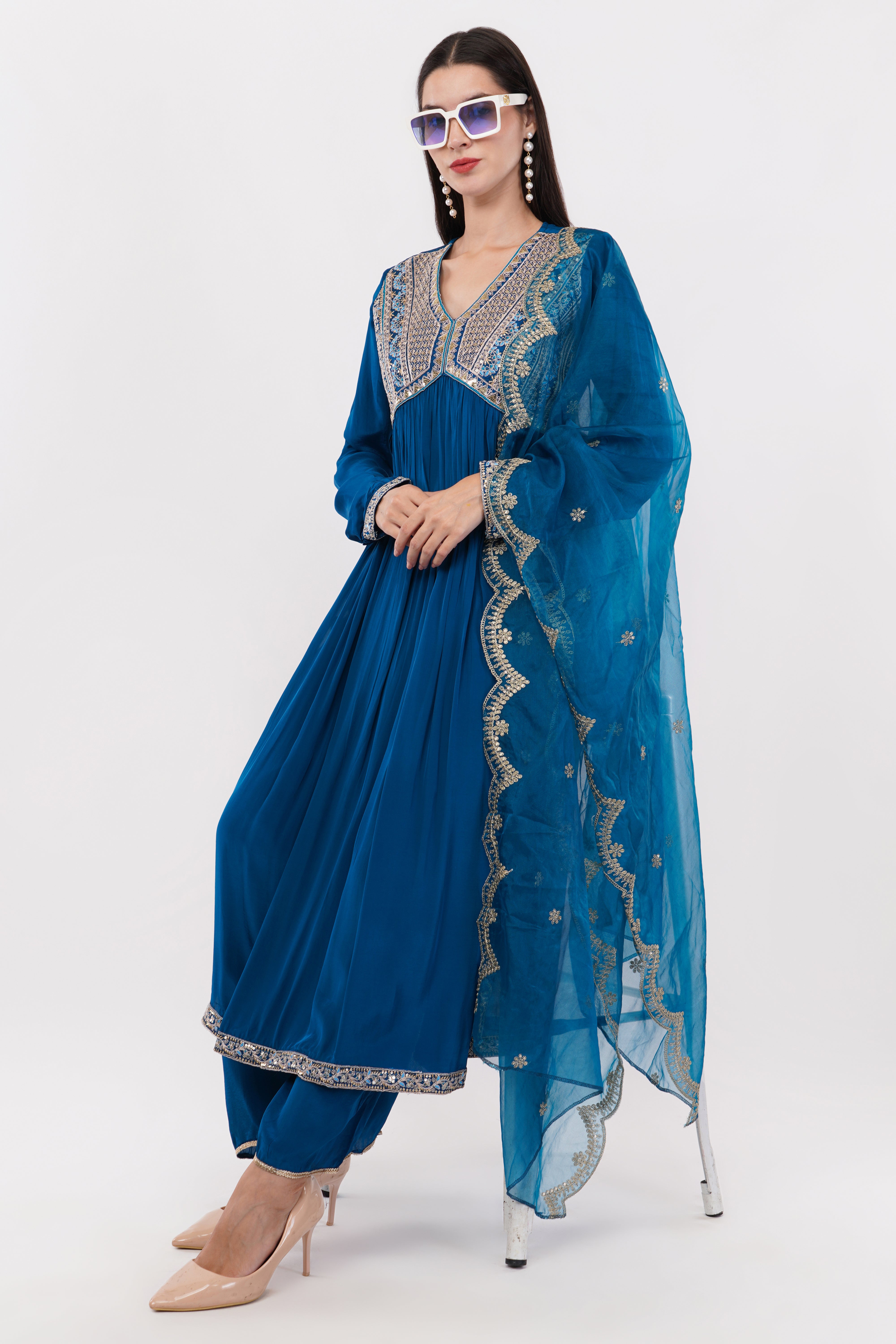 Blue Kurta & Bottom Natural Crepe Dupatta Organza Flared Anarkali Suit Anarkali - Set Of 3