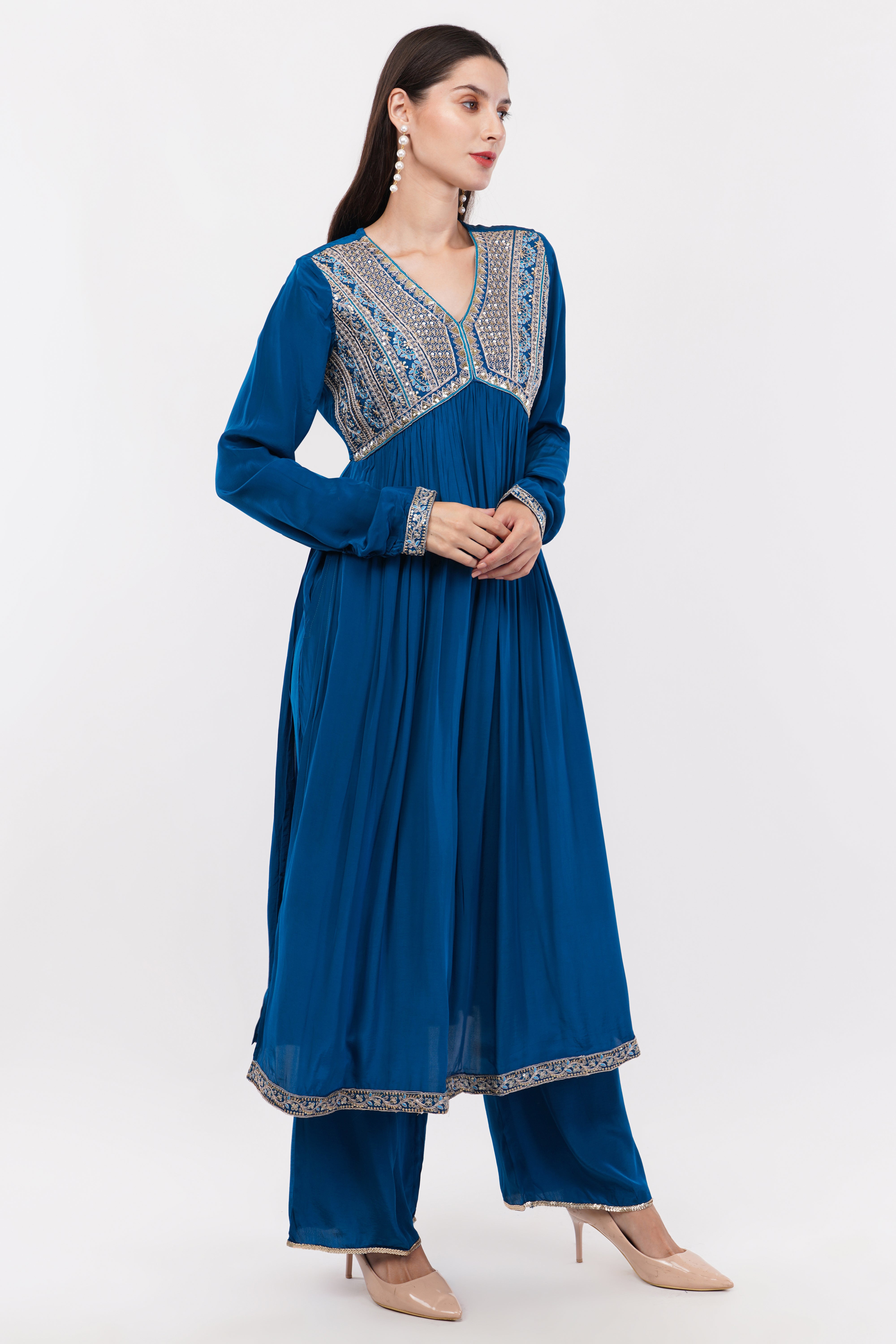 Blue Kurta & Bottom Natural Crepe Dupatta Organza Flared Anarkali Suit Anarkali - Set Of 3